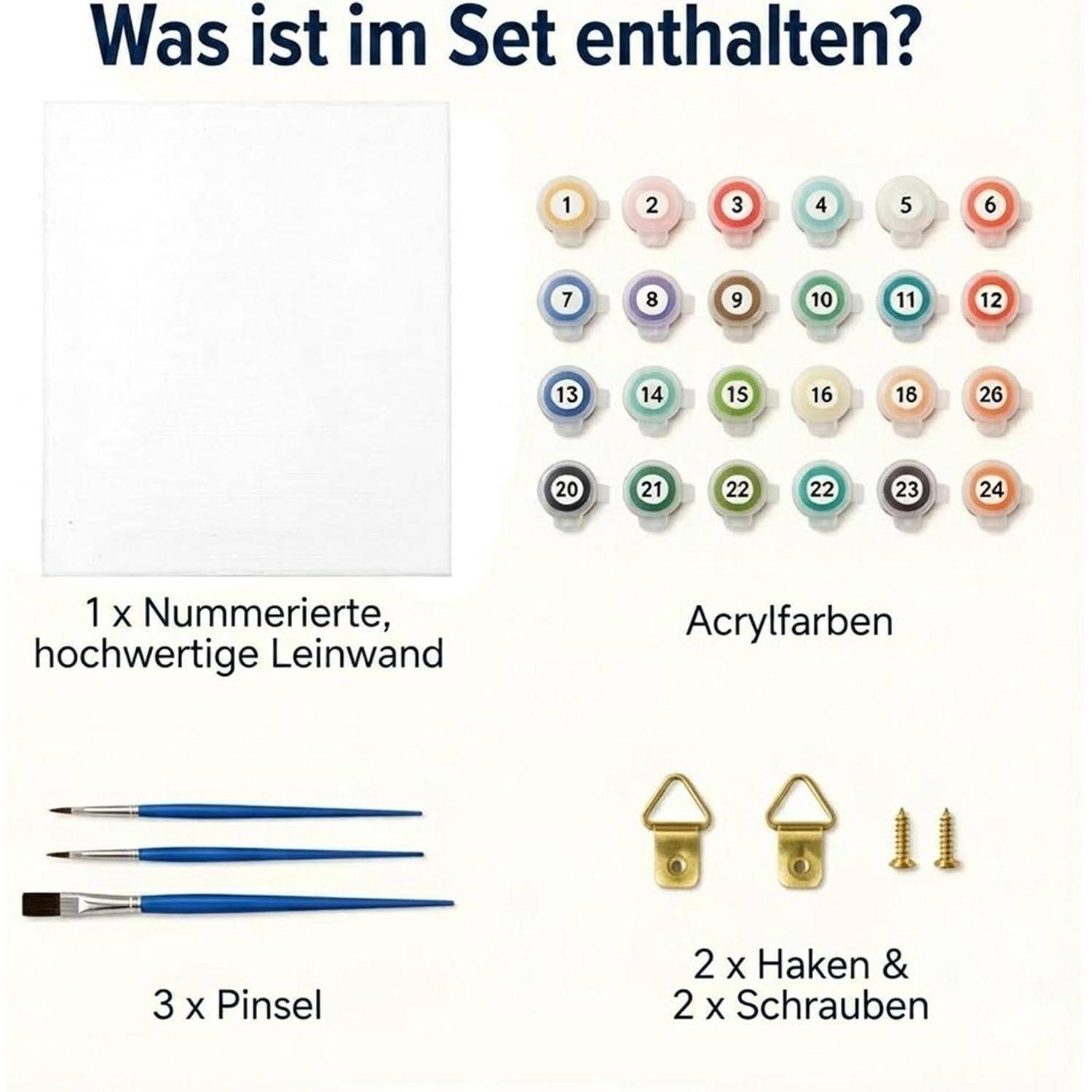 Abbildung eines Malen-nach-Zahlen-Sets mit Inhalten: nummerierte Leinwand, 24 Acrylfarben, 3 Pinsel und 2 Haken mit 2 Schrauben.