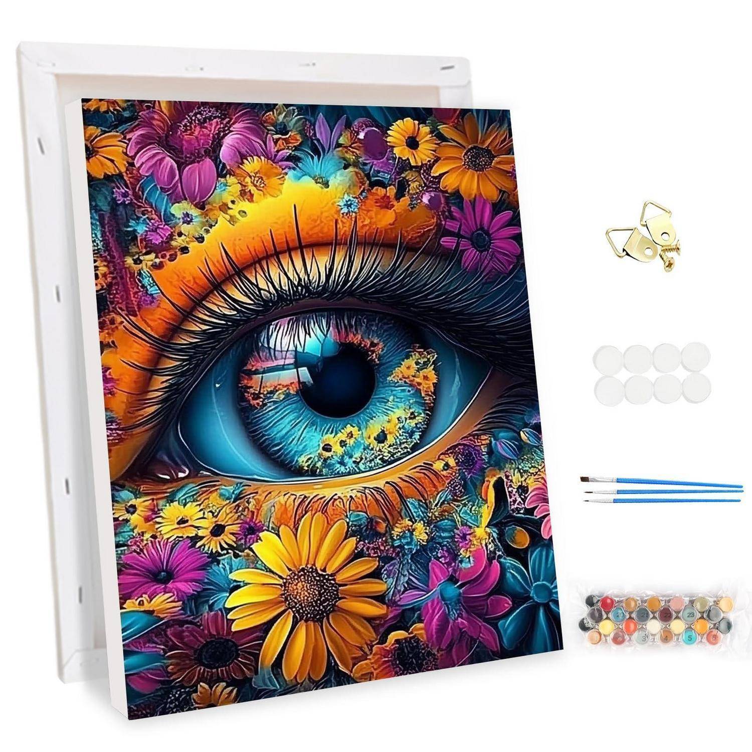 Diamond-Painting-Set mit leuchtend farbenfrohem Nahaufnahme-Auge umgeben von bunten Blumen, mit enthaltenem Bohrperlen, Werkzeugen und Leinwand