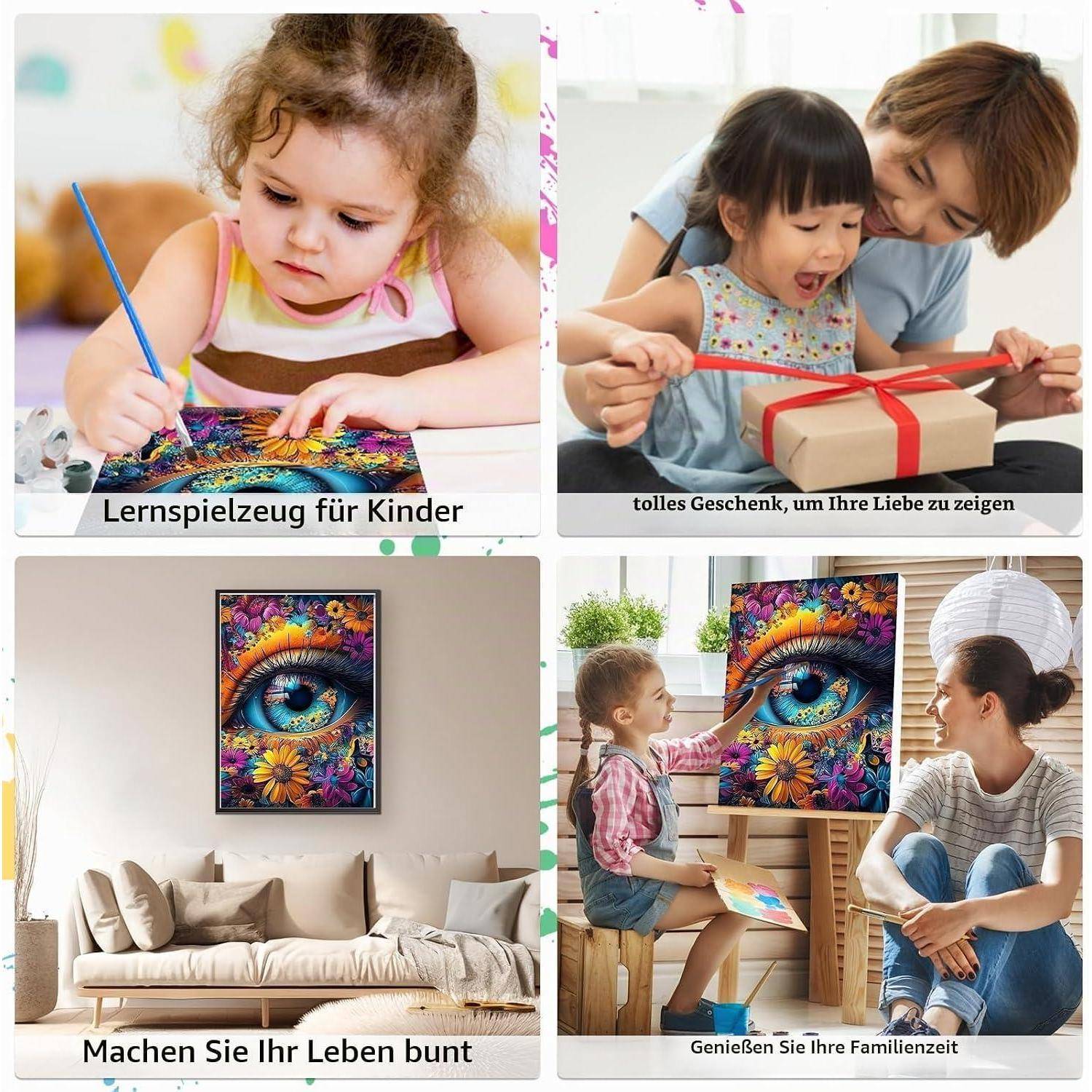Ein 2x2 Collage zeigt Kinder beim Malen, das Auspacken eines Geschenks, ein buntes Augenkunstwerk über einem Sofa und einen Elternteil mit Kind beim Malen, mit deutschen Bildunterschriften, die Lernspielzeug, Geschenke und Familienzeit für Kinder fördern.