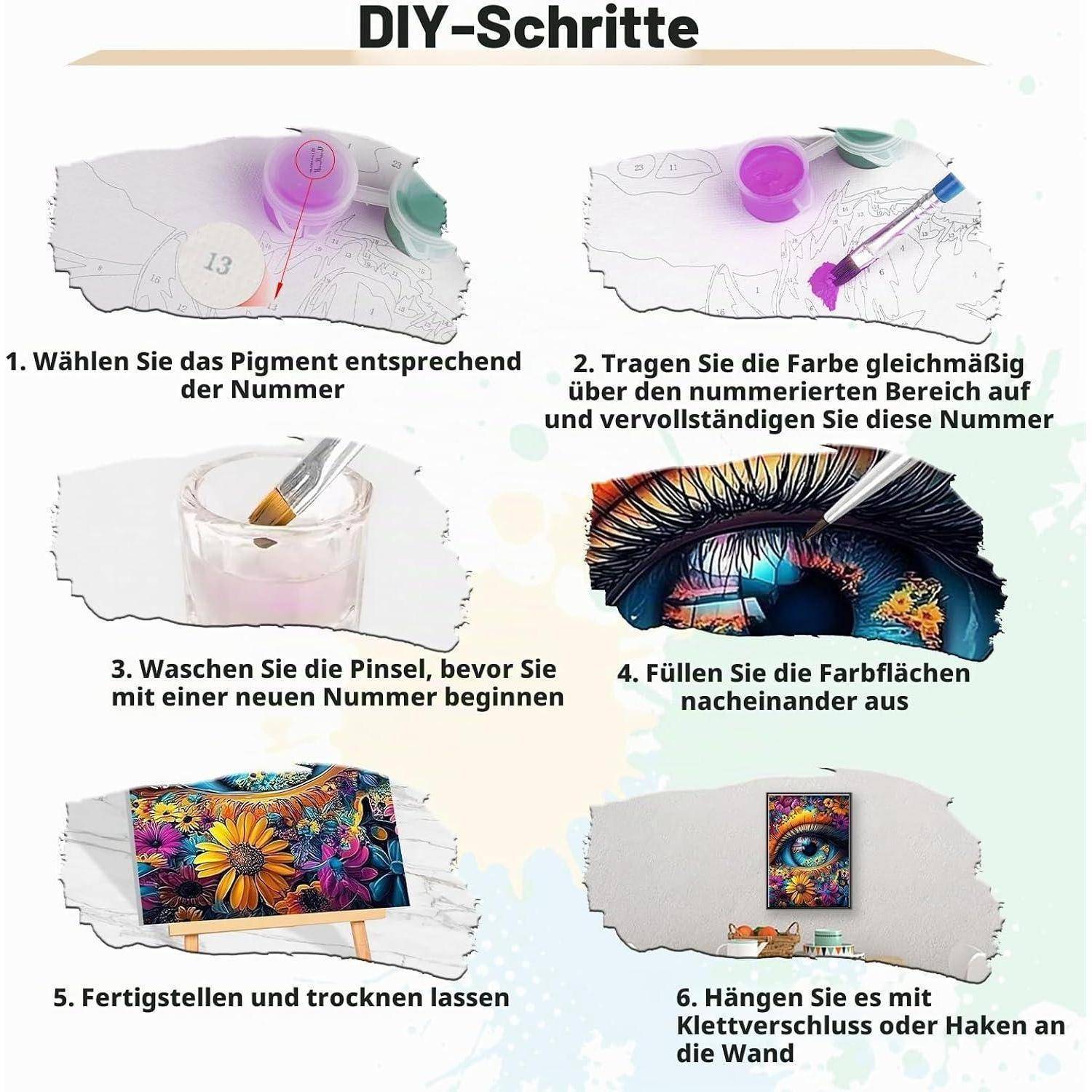 Deutsche DIY-Schritte für Malen nach Zahlen: Wählen Sie das Pigment nach Nummer aus, malen Sie die nummerierten Bereiche an, waschen Sie die Pinsel, füllen Sie die Farbabschnitte aus, lassen Sie trocknen, dann hängen Sie es an die Wand.