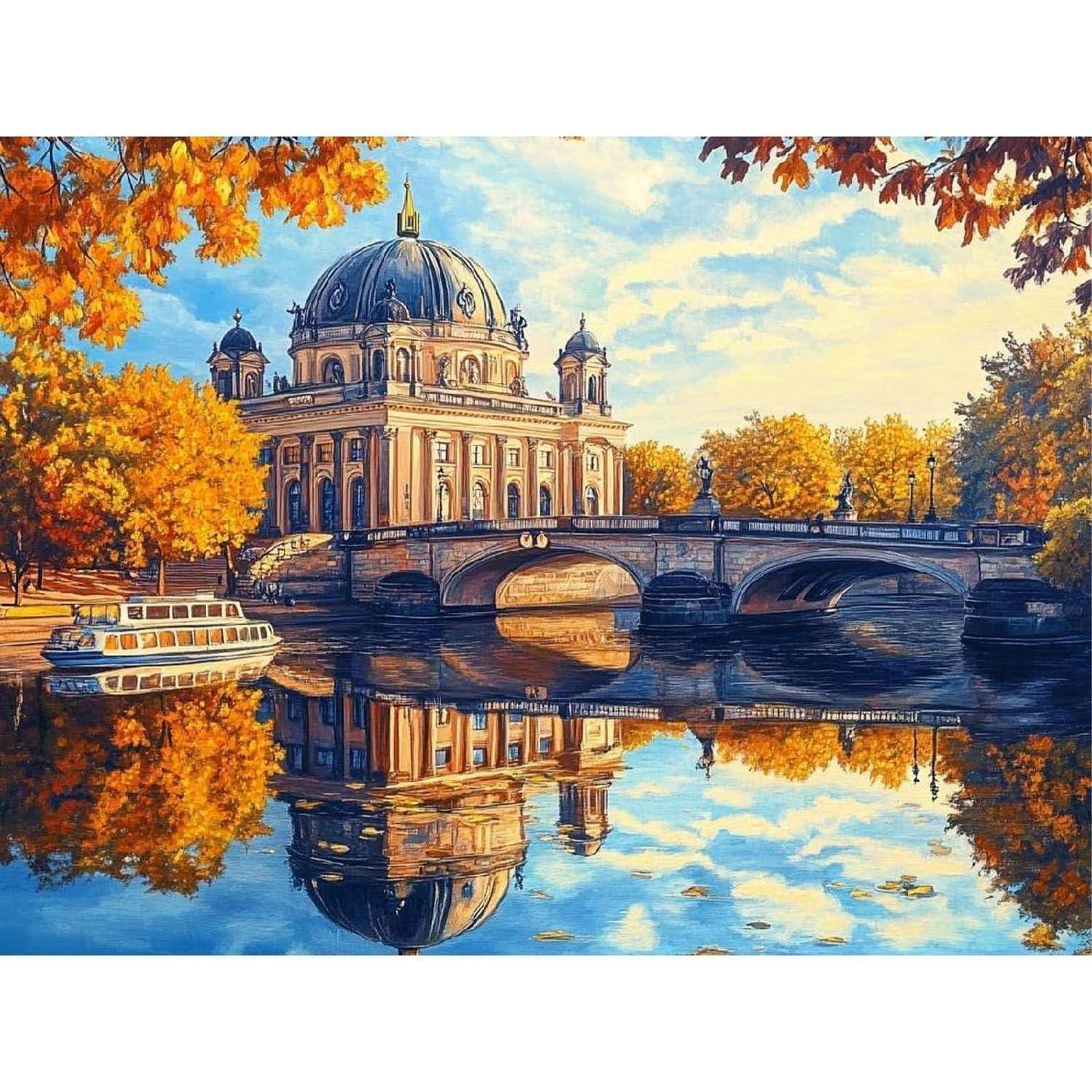 Gemälde eines historischen Gebäudes mit Kuppel neben einer steinernen Brücke über ruhiges Wasser, mit Herbstbäumen und einem Boot, das sich im Fluss spiegelt.