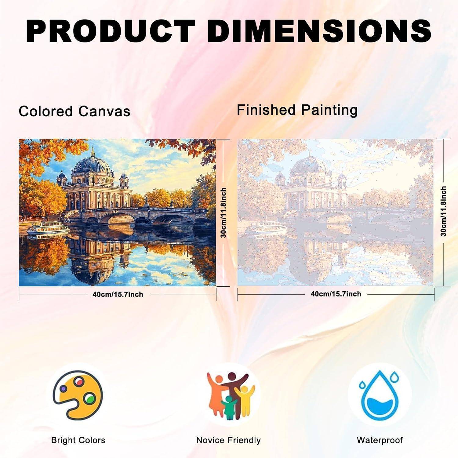 Produktdimensionen-Grafik mit einem 40cm x 30cm Leinwanddruck und fertigem Gemälde, mit Symbolen für leuchtende Farben, anfängerfreundlich und wasserfest.