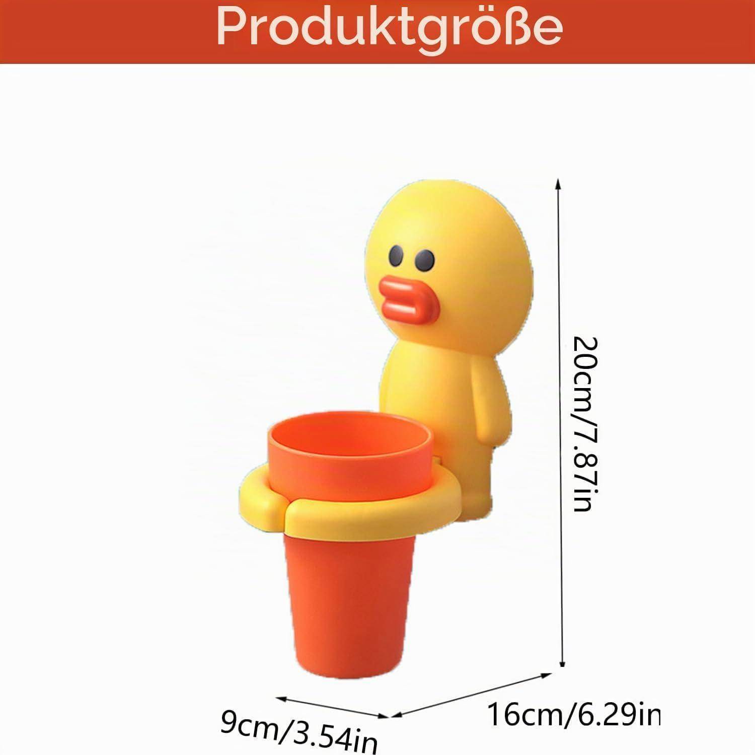Produktgrößendiagramm mit einer entenförmigen Figur mit Tasse: 20 cm hoch, 16 cm tief und 9 cm breit.