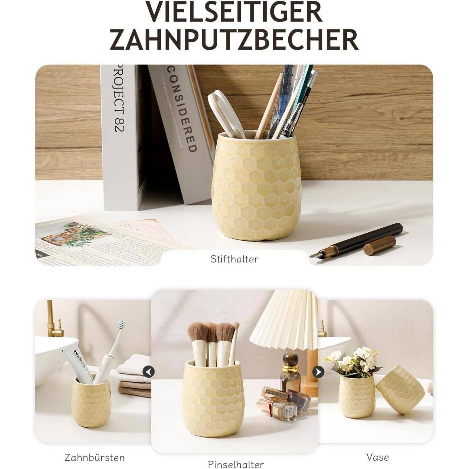 Vielseitiger gelber Wabenenbecher, dargestellt als Stifthalter, Zahnputzbecher, Pinselhalter und Vase, mit der Bezeichnung „VIELSEITIGER ZAHNPUTZBECHER