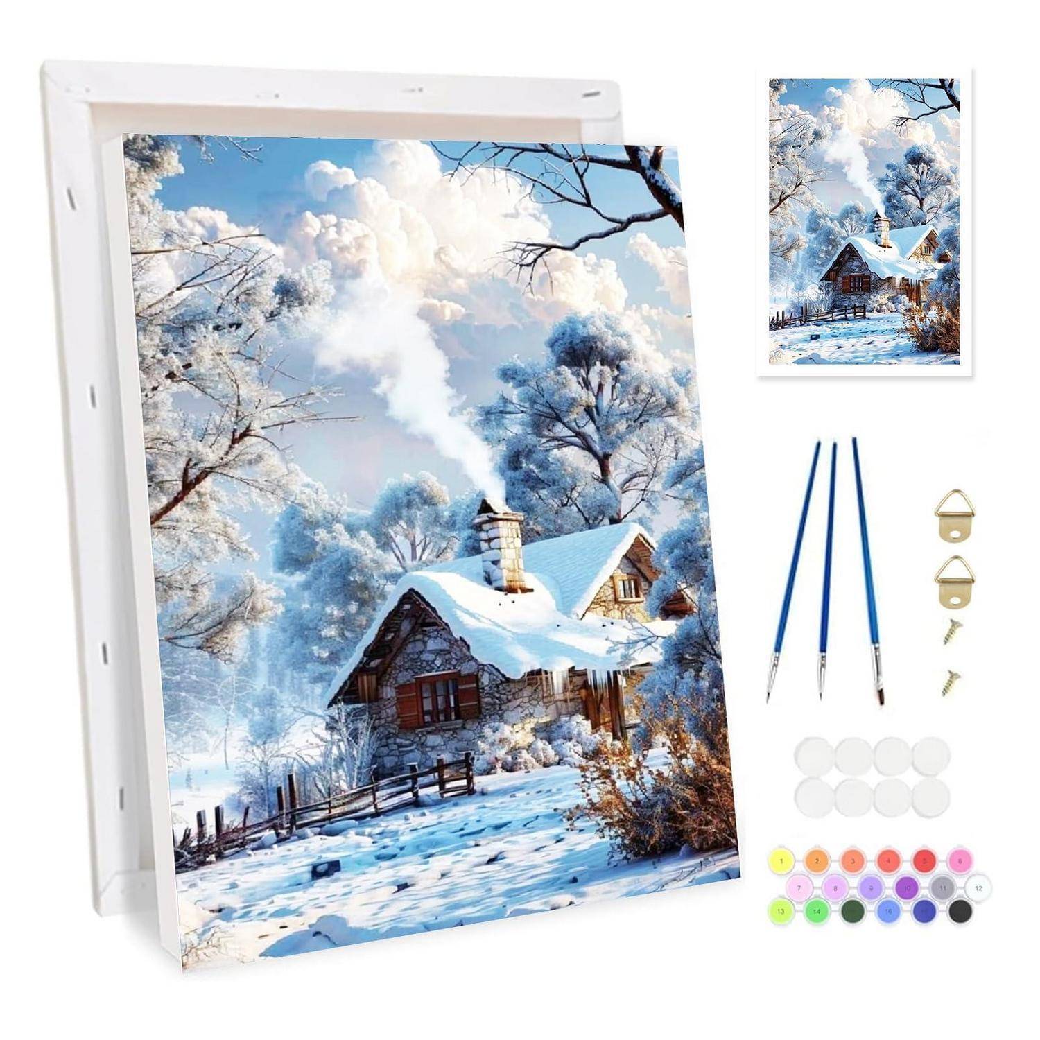 DIY-Malen-nach-Zahlen-Set mit schneebedeckter Kabinen-Landschaft, mit Leinwand, Pinseln, Aufhängehardware und Farbtöpfen.