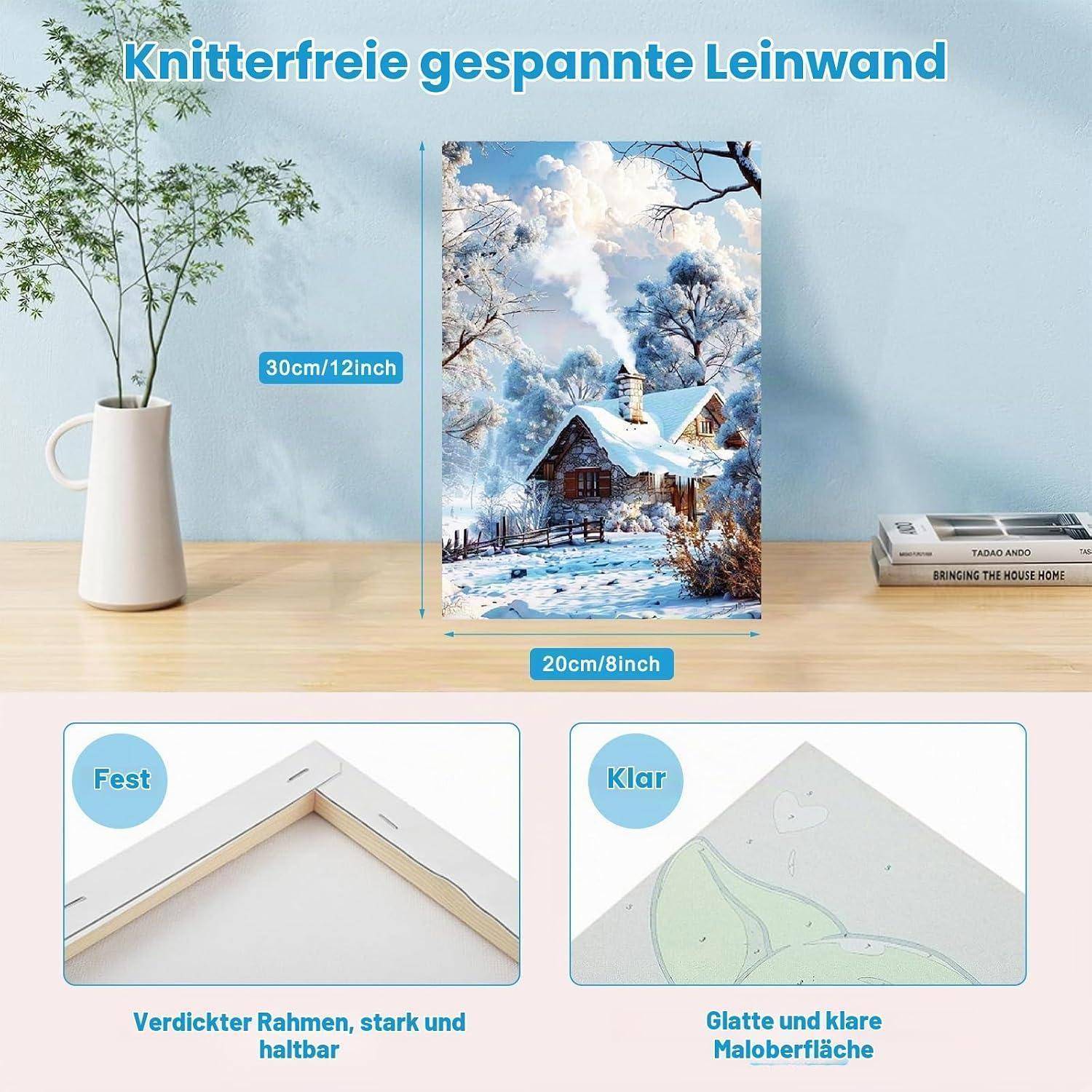 Werbebild eines gespannten Leinwanddrucks auf einem Schreibtisch, mit der Bezeichnung 20 cm/8 Zoll x 30 cm/12 Zoll, mit Nahaufnahmen, die einen stabilen Rahmen und eine glatte, klare Maloberfläche hervorheben.