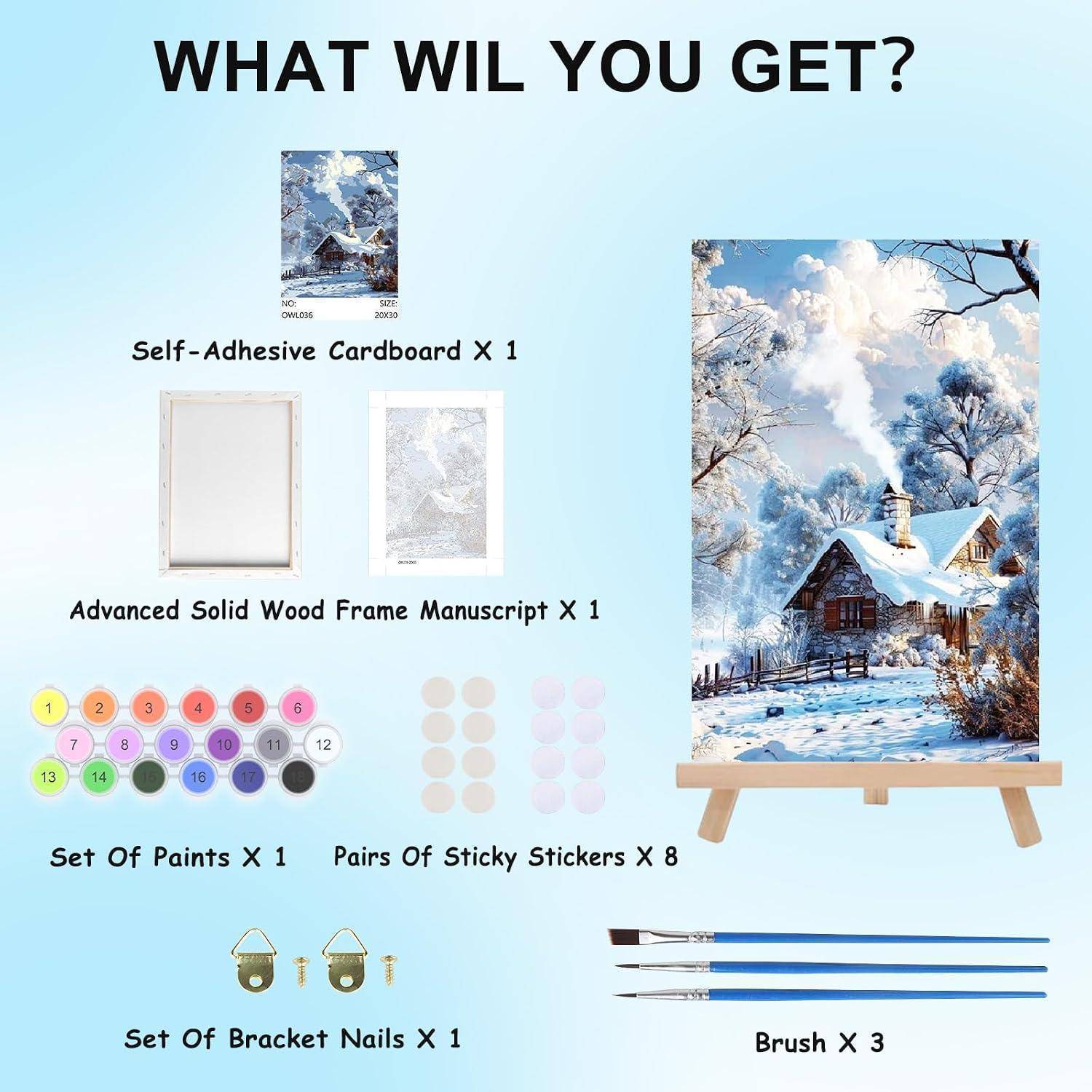 Produktinhalt des Layouts, das ein Diamantmalerei-Set zeigt, enthält selbstklebende Pappe, massiven Holzrahmen, Farben, Klebeblätter, Befestigungsnägel und 3 Pinsel, mit einem fertigen Winterhütten-Kunstwerk als Beispiel.