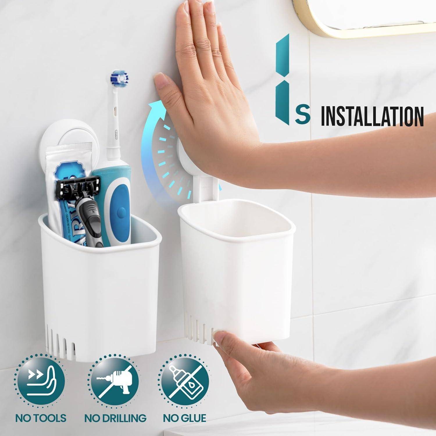Hände installieren einen an der Wand befestigten Badezimmerhalter neben Zahnbürsten, mit dem Text „INSTALLATION