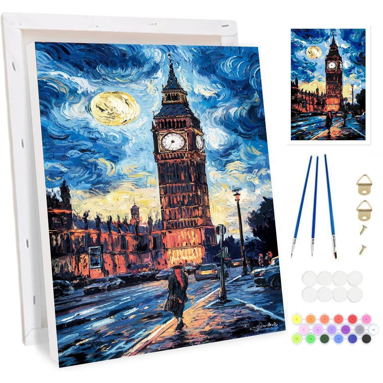 Malen-nach-Zahlen-Set mit stilisierter Big-Ben-Stadtlandschaft bei Nacht, mit Leinwand, Referenzbild, drei Pinseln, Aufhängehardware und Farbdosen.