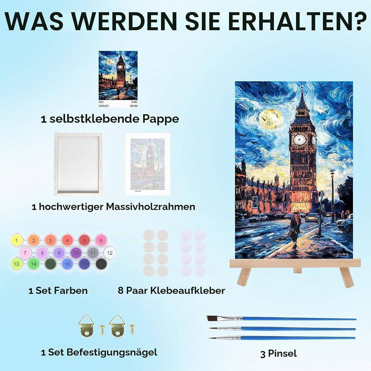 Deutscher Produktinhalte-Grafik mit enthaltenen Artikeln: selbstklebendes Leinwandtuch, Holzrahmen, 1 Satz Farben, 8 Paar Klebsticker, Befestigungsnägel und 3 Pinsel, mit einer Beispielmalerei von Big Ben.