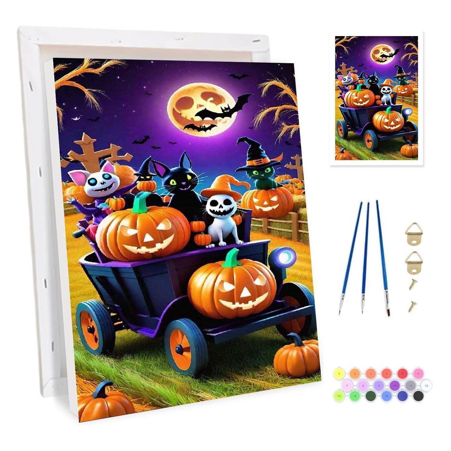 Halloween-Malen-nach-Zahlen-Set mit einer gruseligen Katze und Kürbislaternen in einem Wagen unter dem Mond, mit Pinseln, Zubehör und Farbtöpfen im Lieferumfang enthalten.