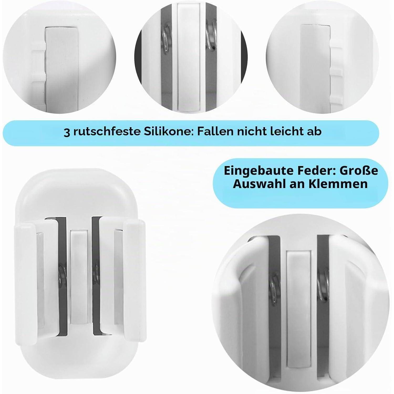 Produktgrafik zeigt eine weiße Fenster-/Türklemme mit Nahaufnahmedetails; deutscher Text sagt „3 rutschfeste Silikone: fällt nicht leicht ab