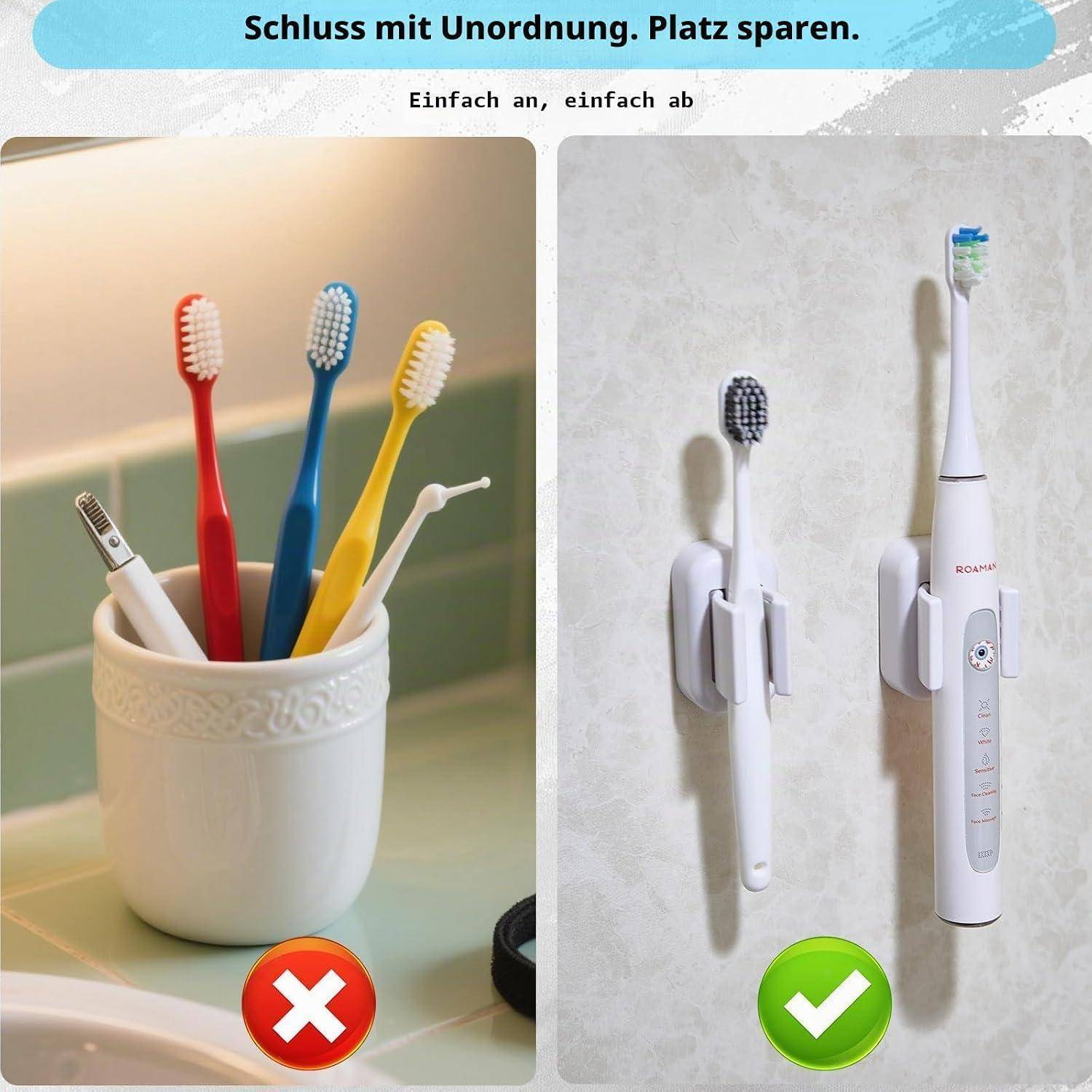 Vergleichsanzeige: Ein Becher auf der Spüle hält Zahnbürsten und einen Rasierer mit einem roten X, während Wandhalterungen Zahnbürsten und eine elektrische Zahnbürste mit einem grünen Haken aufbewahren.