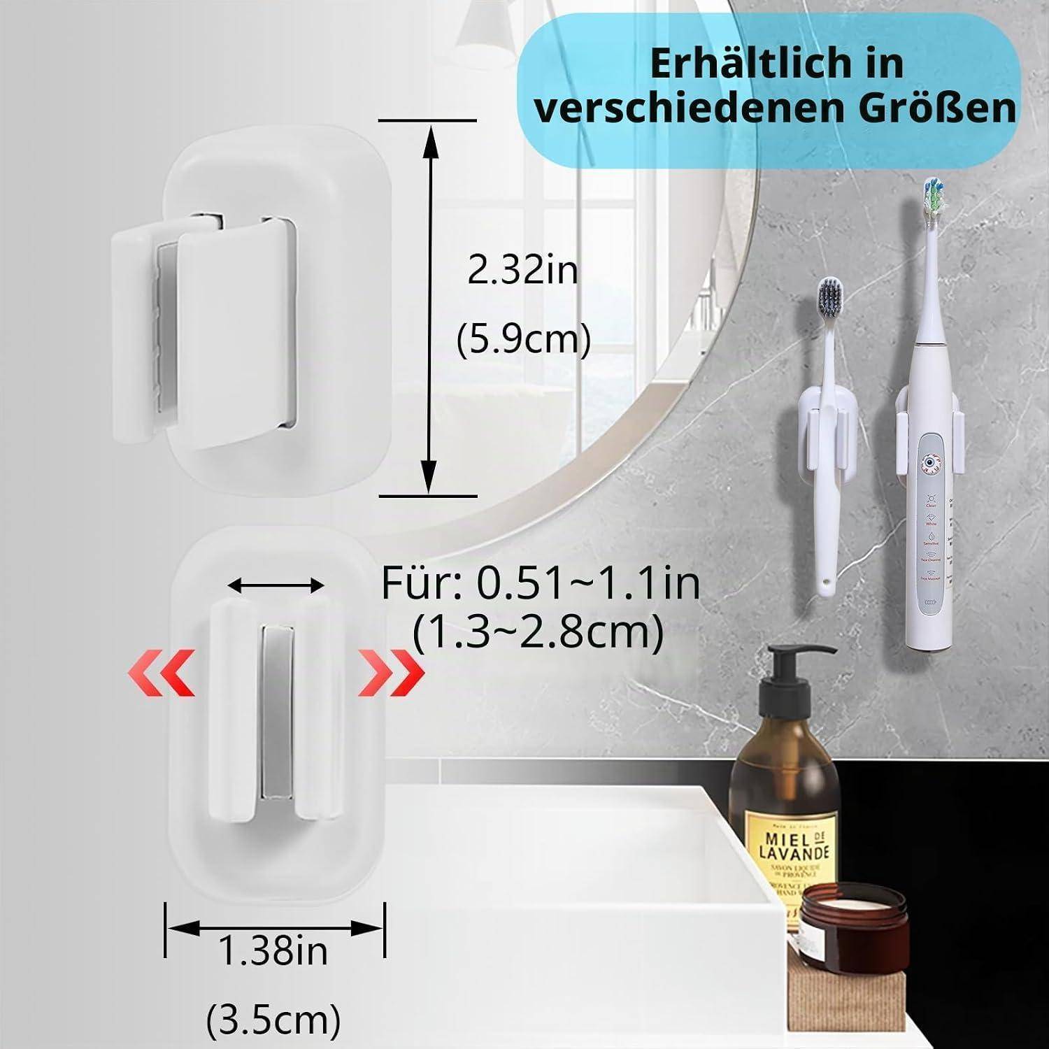 Produktabbildung eines wandmontierten Zahnbürstenhalters in verschiedenen Größen, mit den Maßangaben 2,32 Zoll Höhe und für Zahnbürstenstiele von 0,51–1,1 Zoll, mit deutschem Text „Erhältlich in verschiedenen Größen