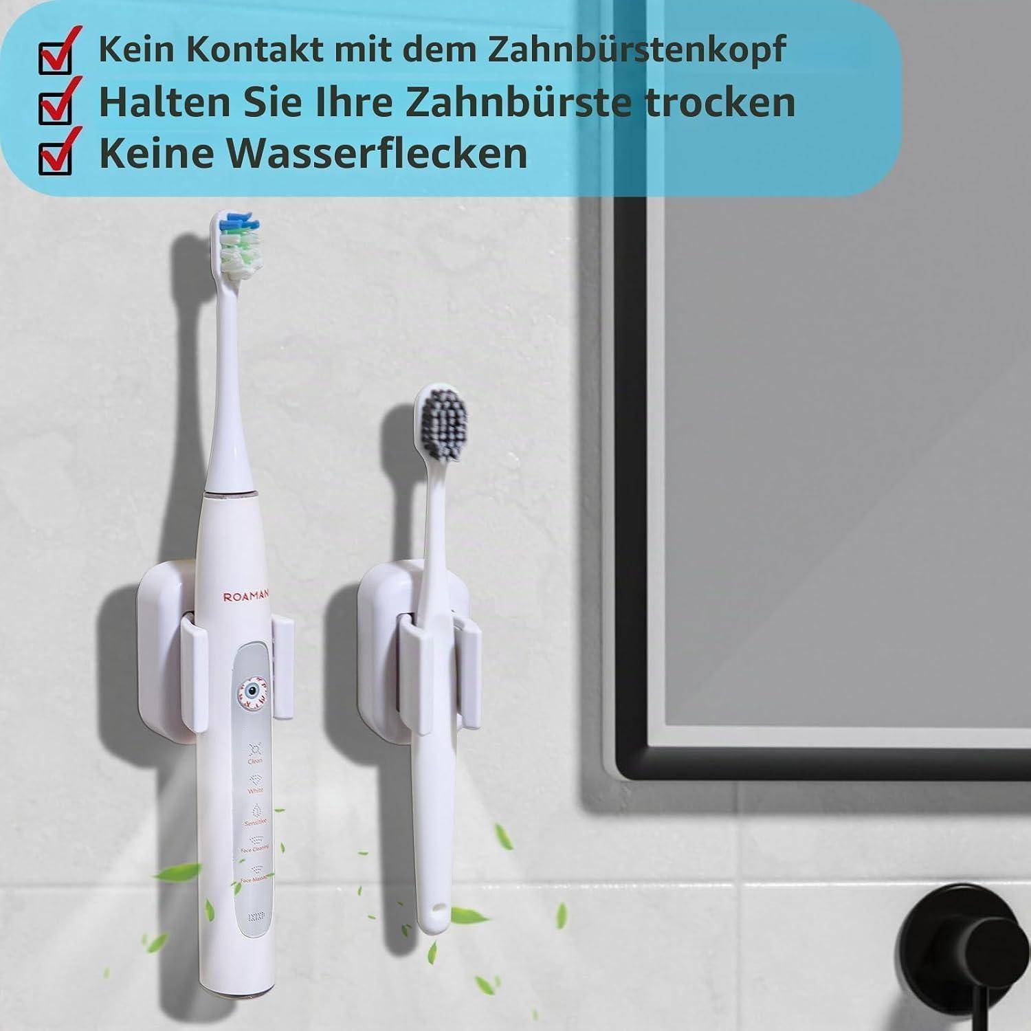 Wandmontierte Halter halten zwei Zahnbürsten aufrecht und trocken, mit deutschen Hinweisen: „Kein Kontakt mit dem Bürstenkopf