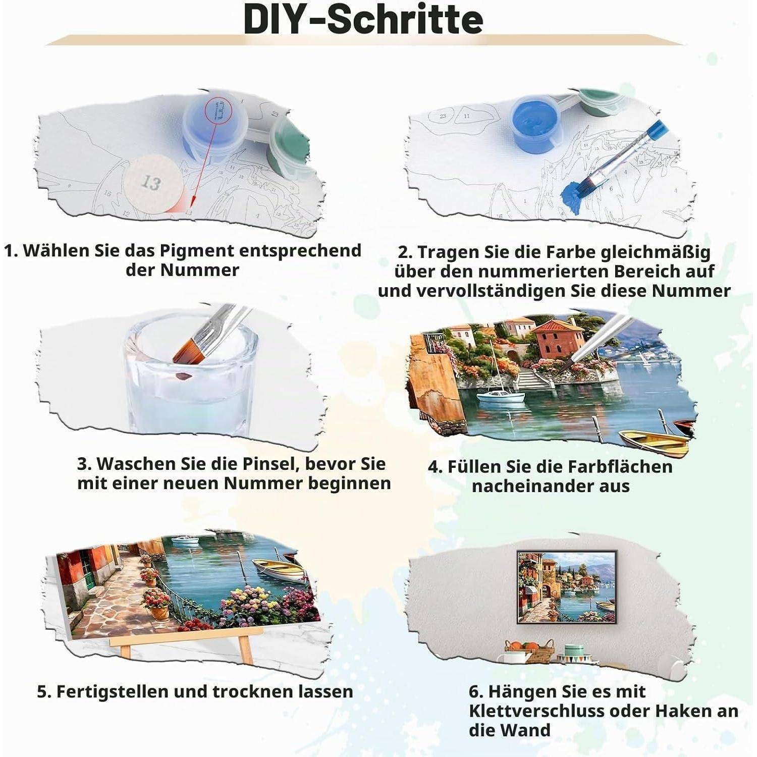 DIY-Schritte für ein Malen-nach-Zahlen-Wandkunstprojekt: Pigment nach Nummer auswählen, nummerierte Bereiche anmalen, Pinsel waschen, Abschnitte ausfüllen, trocknen lassen und das fertige Bild aufhängen.