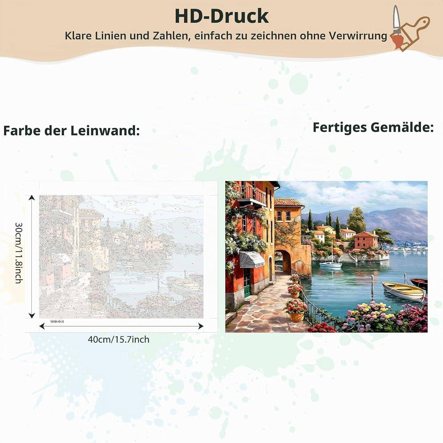 Poster zeigt eine Malen-nach-Zahlen-Leinwand und eine fertige Seenlandschaft, beschriftet mit „Farbe der Leinwand