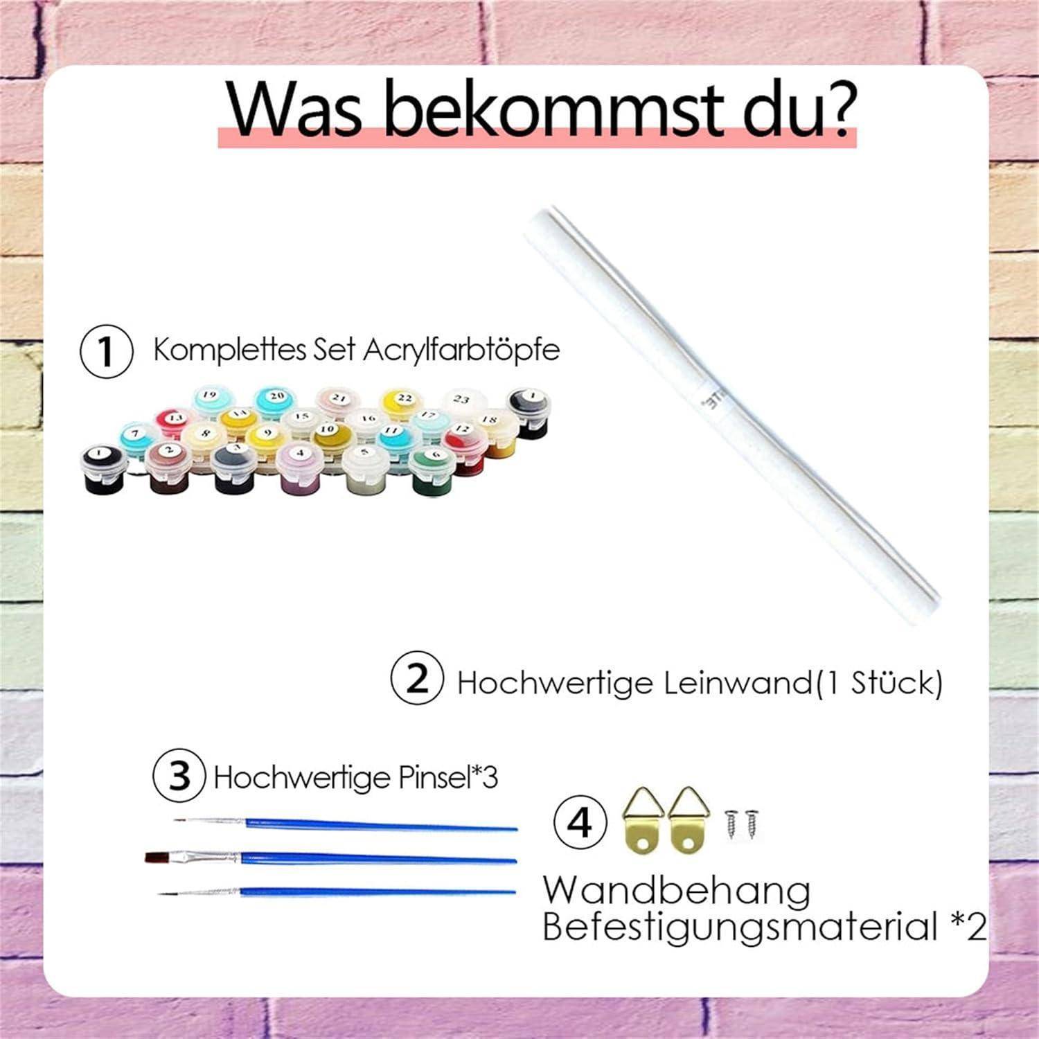 Produktinhaltsverzeichnis in Deutsch: Komplettes Acrylfarben-Set, eine Leinwand, drei hochwertige Pinsel und Wandbefestigungszubehör.