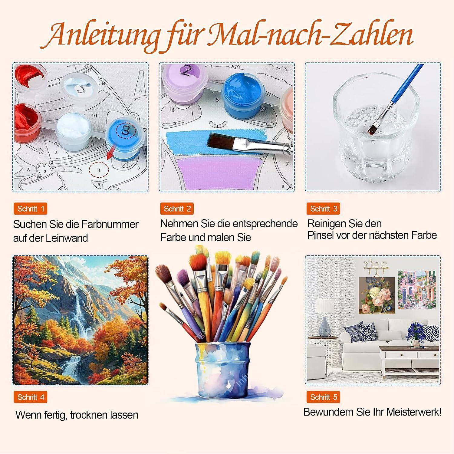Anleitung zum Malen nach Zahlen für deutsche Kunsthandwerke, die nummerierte Farbdosen, das Reinigen eines Pinsels, fertige Landschaftskunst, ein Glas mit Pinseln und eine Beispielraumanzeige zeigt.