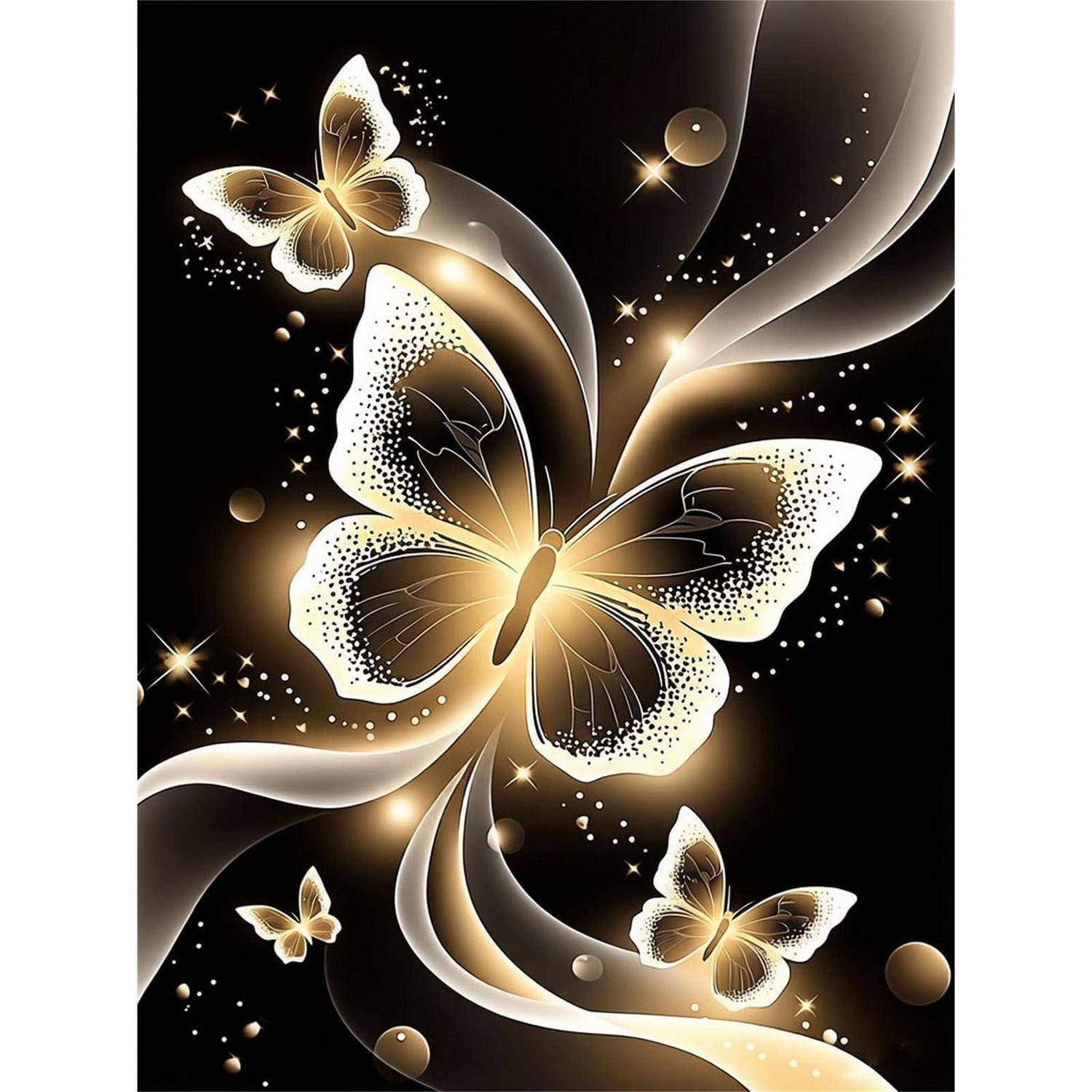 Stilisierte goldene Schmetterlinge mit leuchtenden Wirbeln und Glitzereffekten auf schwarzem Hintergrund, die ein träumerisches dekoratives Design schaffen.