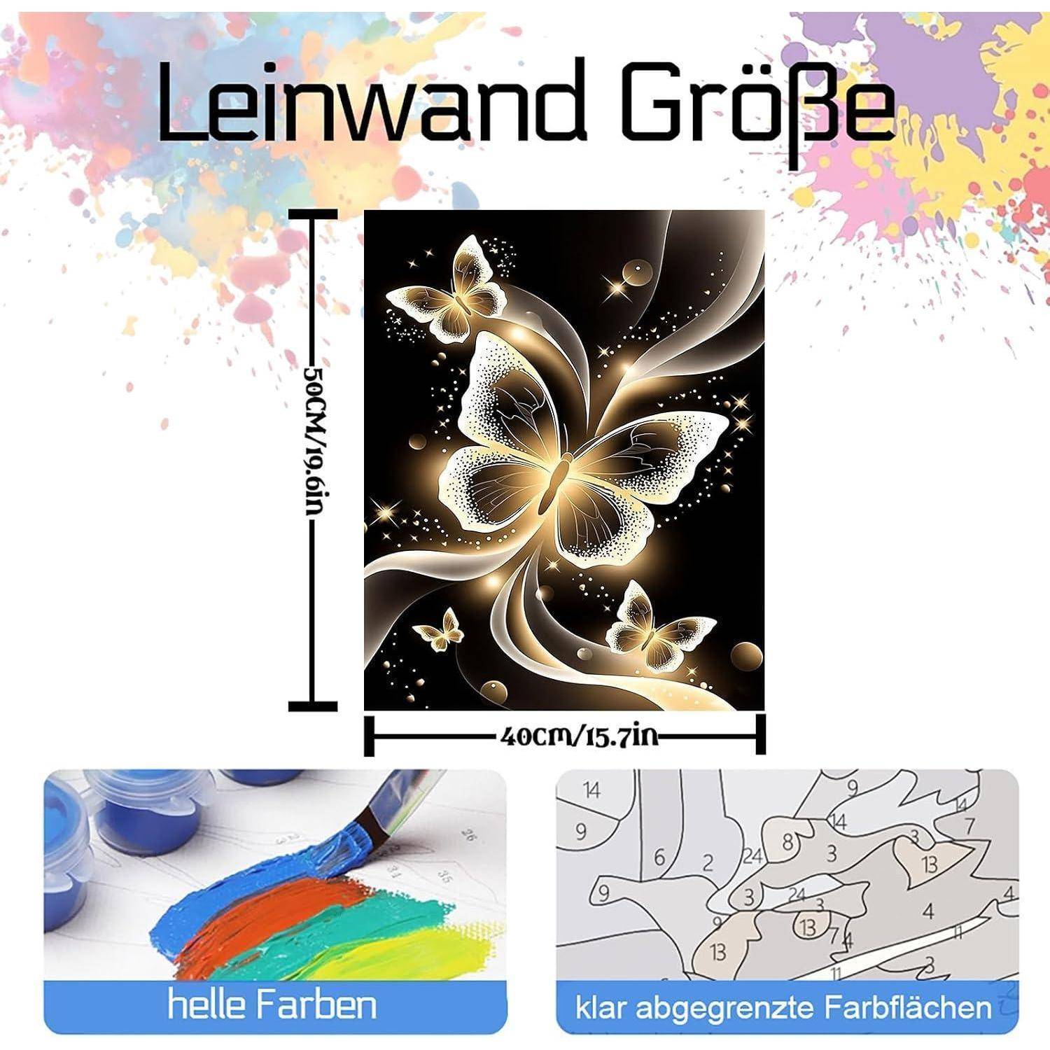 Produktbild mit Leinwandgröße 'Leinwand Größe' 50 cm x 40 cm mit einem leuchtenden Schmetterlingskunstwerk und Beispiel-Nahaufnahme-Beschriftungen für leuchtende Farben und klar definierte Farbflächen.