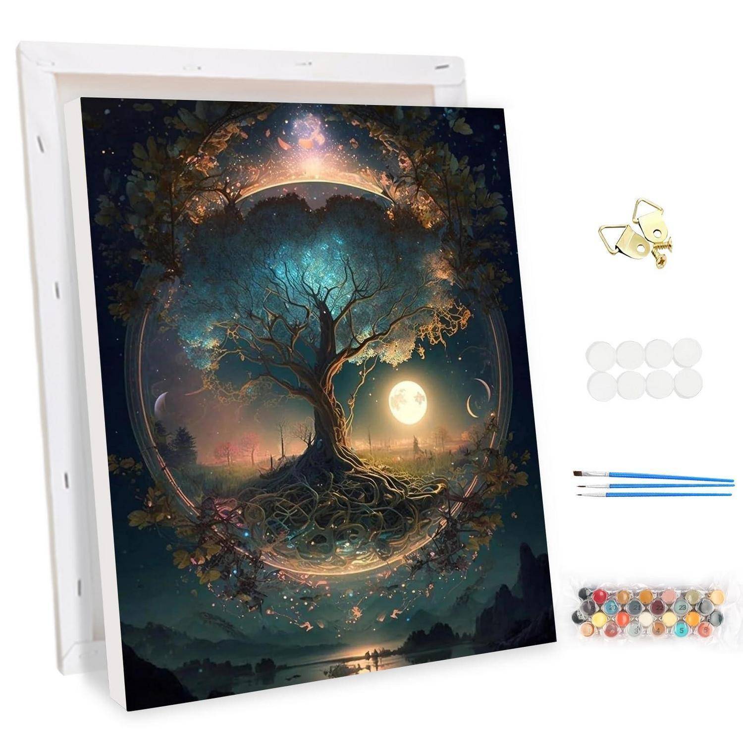 DIY-Diamantmalerei-Set mit mondbeleuchteter Baum-Kunstwerk auf Leinwand, plus Tablett, Wachs, Stifte und farbige Strasssteine daneben abgebildet