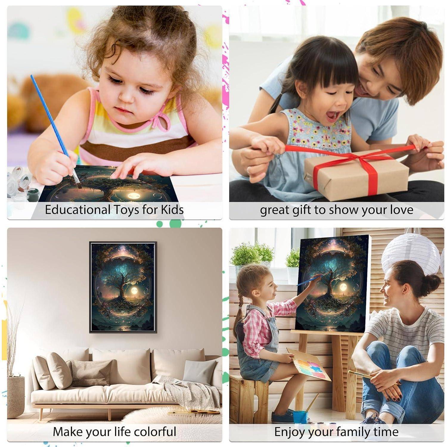 Vierplättrige Collage: Kinder malen, ein Mädchen öffnet ein Geschenk mit einem Erwachsenen, bunte Wandkunst über einem Sofa und eine Familie malt zusammen.