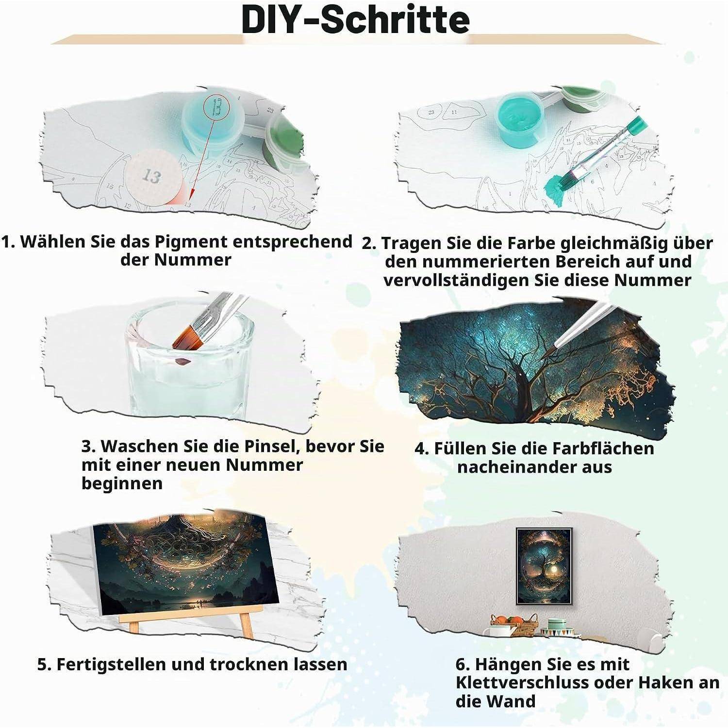 Deutsche DIY-Schritte für ein Malen-nach-Zahlen-Kunstwerk: Wählen Sie das passende Pigment aus, malen Sie nummerierte Bereiche an, waschen Sie die Pinsel, füllen Sie die Abschnitte aus, lassen Sie es trocknen und hängen Sie es dann an die Wand.