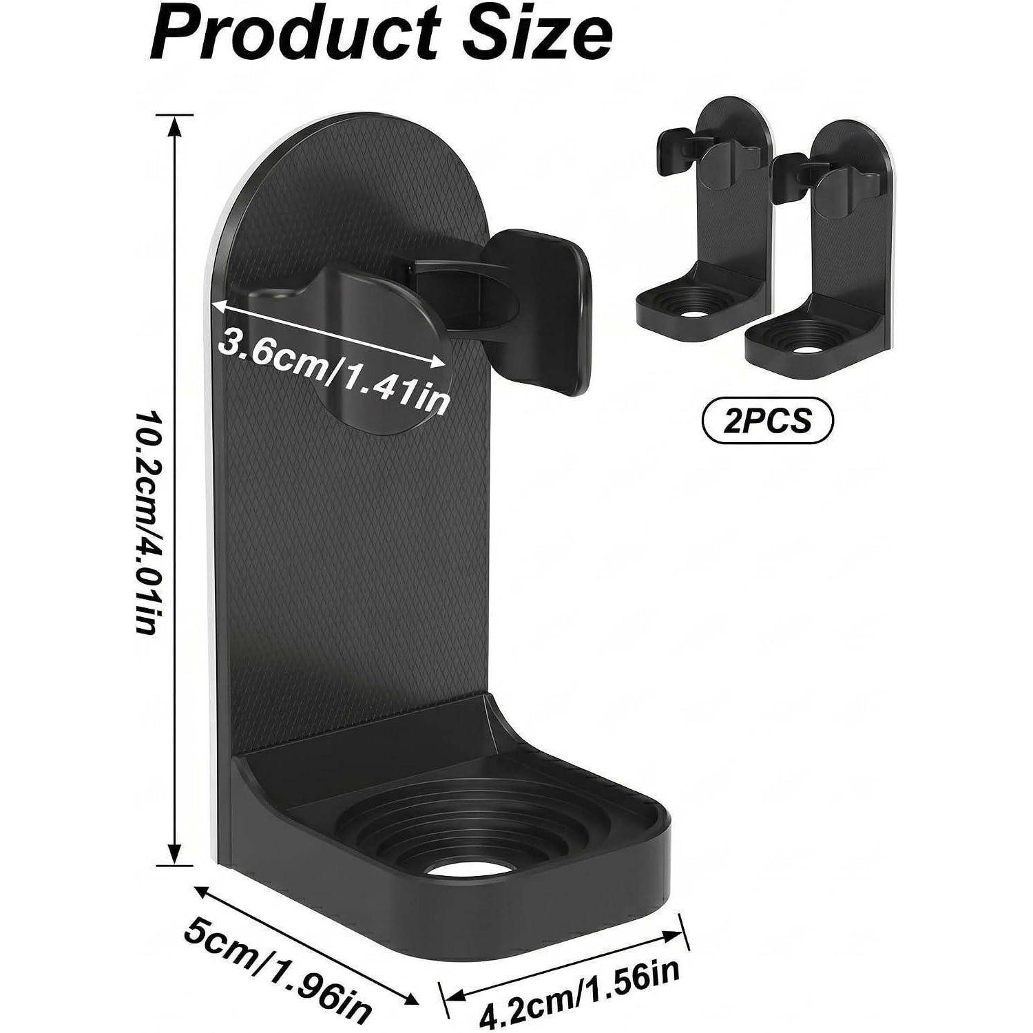 Produktgrößendiagramm für einen schwarzen wandmontierten Hakenshalter mit Abmessungen von 10,2 cm Höhe, 5 cm Tiefe, 4,2 cm Breite und 3,6 cm Hakenstärke; 2 Stück enthalten.