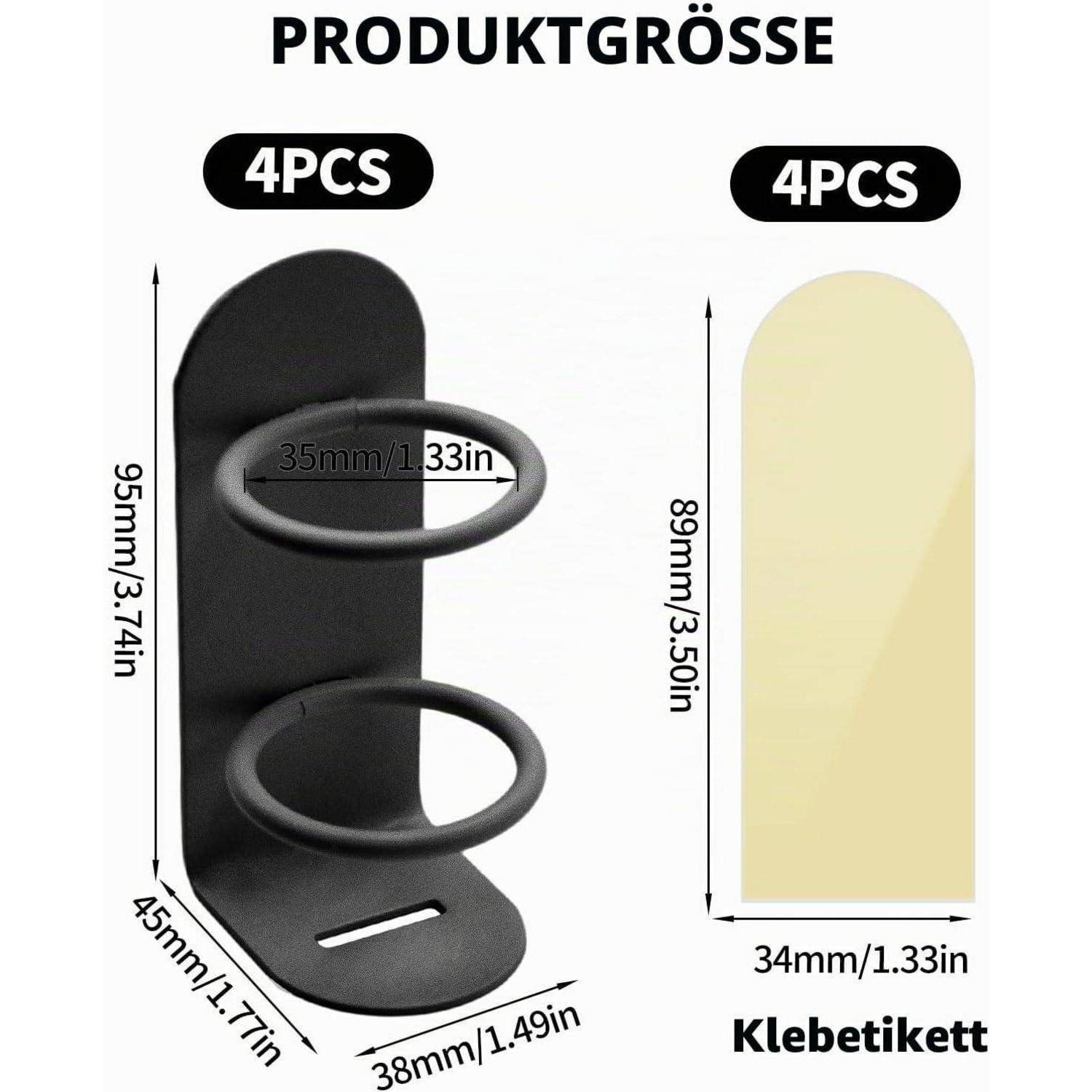 Produktgrößendiagramm mit zwei Klebstoffklammerteilen, jeweils im 4er-Pack erhältlich, mit Abmessungen in mm und Zoll gekennzeichnet; linke schwarze Klammer 95 x 45 x 38 mm, rechtes beigefarbenes Etikett 89 x 34 mm.