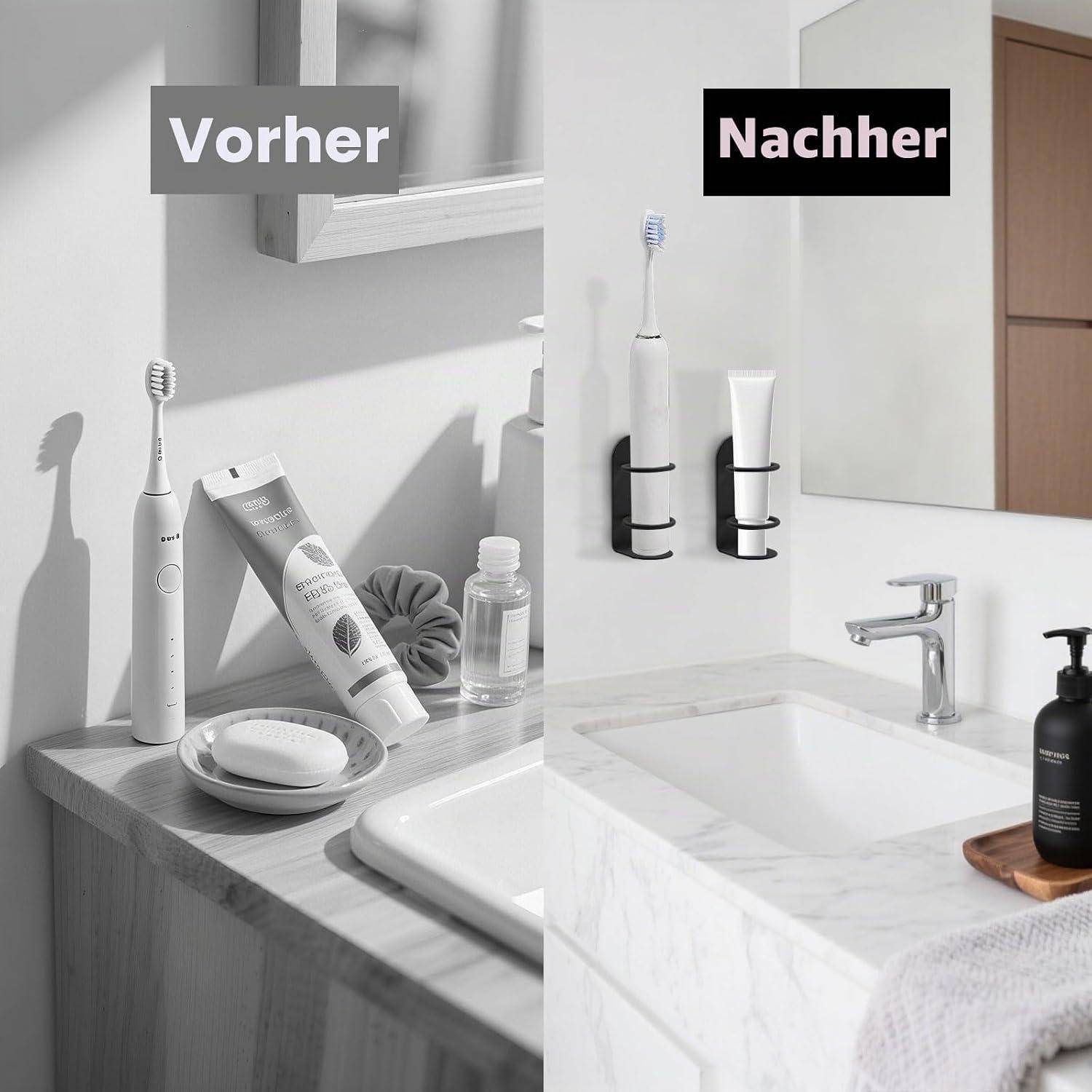 Geteiltes Vorher-und-Nachher-Badezimmerwaschbecken: links unordentlich mit Zahnbürste, Zahnpasta, Seife und Flasche; rechts sauber und minimalistisch mit montierten Haltern, Waschbecken und Seifenspender.