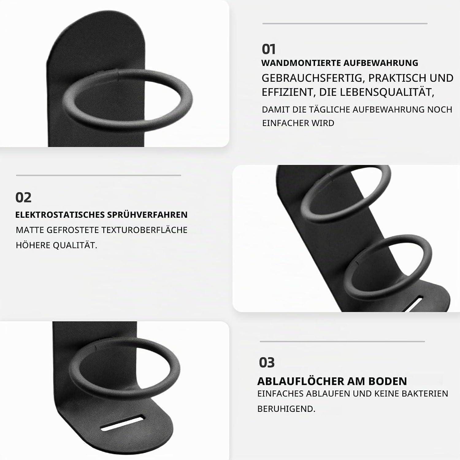 Infografik eines schwarzen, wandmontierten Toilettenbürsten-Behälters mit drei gekennzeichneten Funktionen: wandmontierte Lagerung, elektrostatische Spritzlackierung und Abflusslöcher am Boden.
