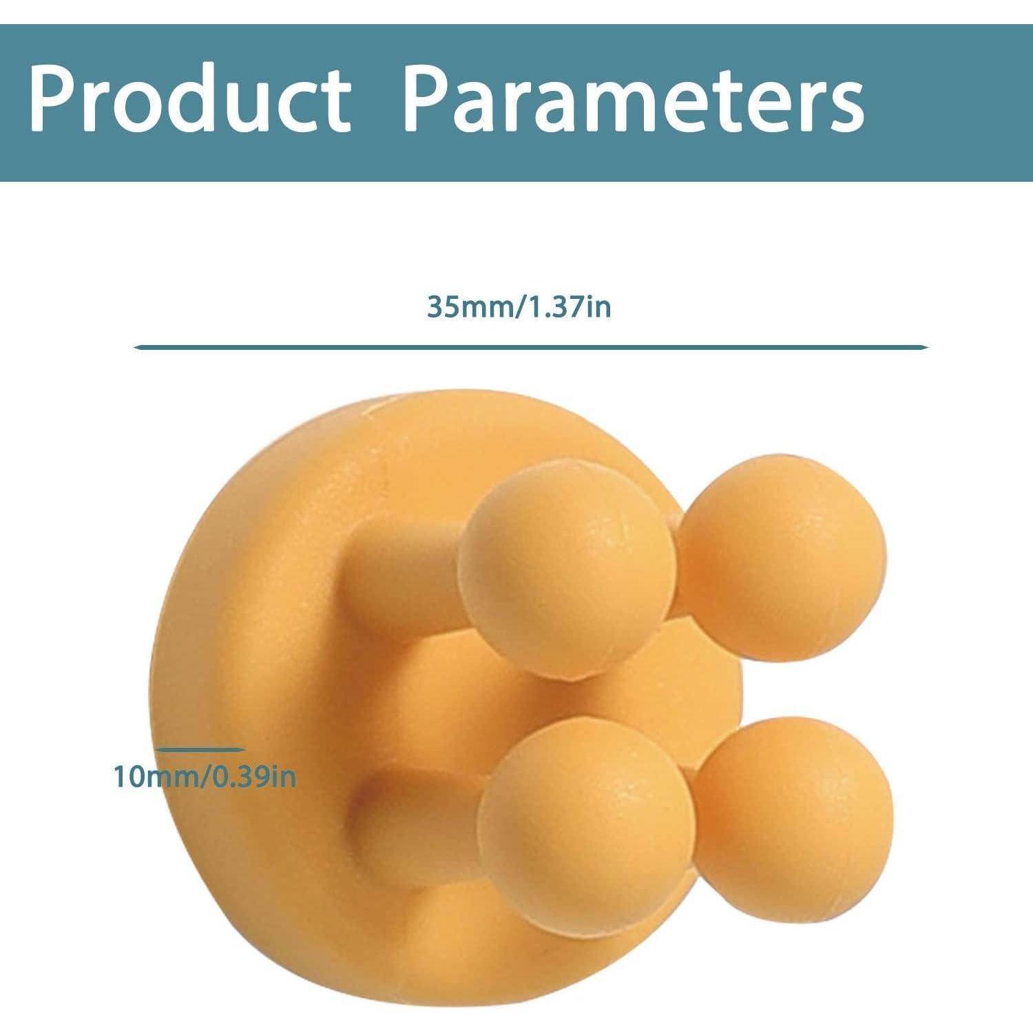 Produktparameter-Bild mit einem gelben vierbuckligen Wandhaken, gekennzeichnet mit 35 mm / 1,37 Zoll Breite und 10 mm / 0,39 Zoll Tiefe.