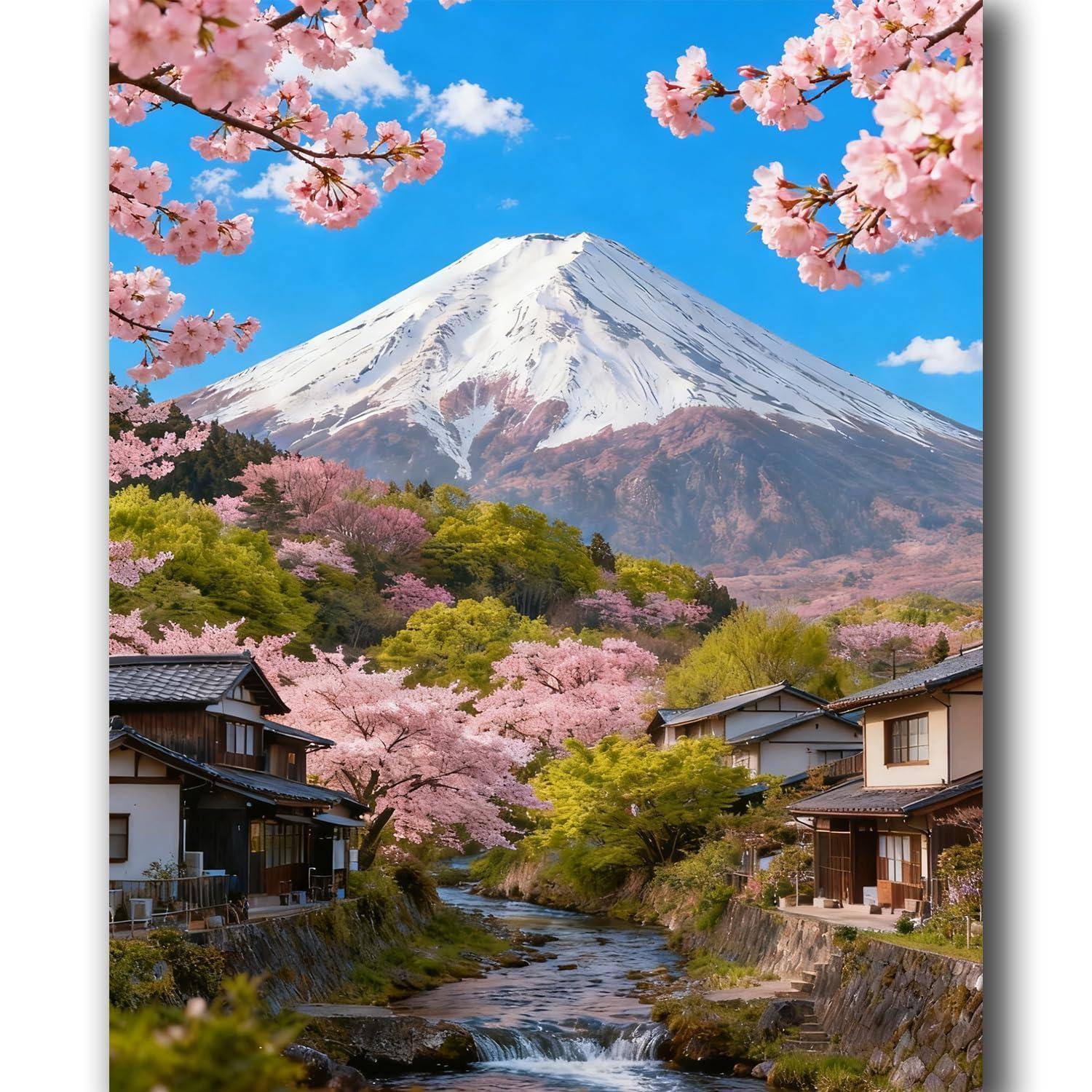 Mit Schnee bedeckter Berg Fuji, eingerahmt von Kirschblüten, über einem Dorf mit einem Bach und traditionellen Häusern im Frühling.