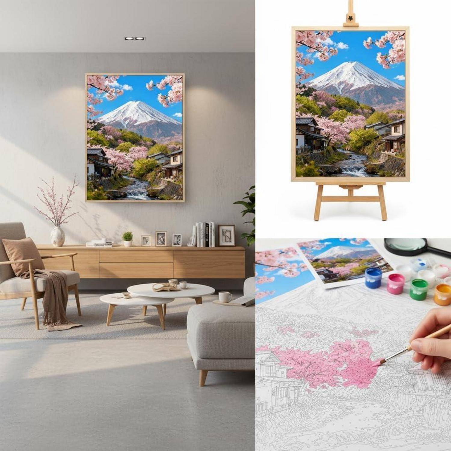 Collage zeigt eine gerahmte Landschaft des Bergs Fuji in einem Wohnzimmer, auf einer Staffelei und wird von Hand mit farbigen Farbtöpfen gemalt.