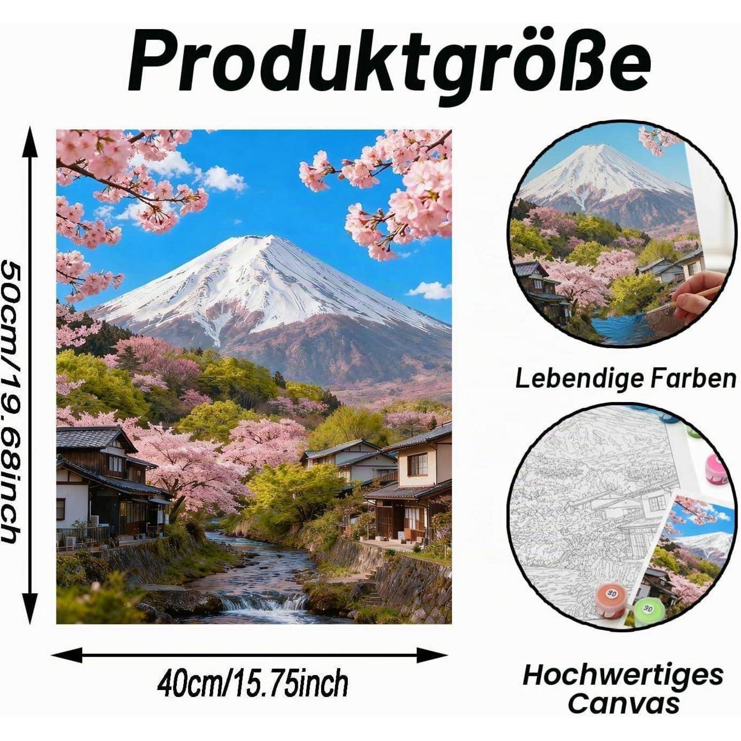 Produktgrößen-Grafik für einen Leinwanddruck mit einer Fuji-Berg-Landschaft; Abmessungen sind 50 cm x 40 cm, mit Notizen „Lebendige Farben