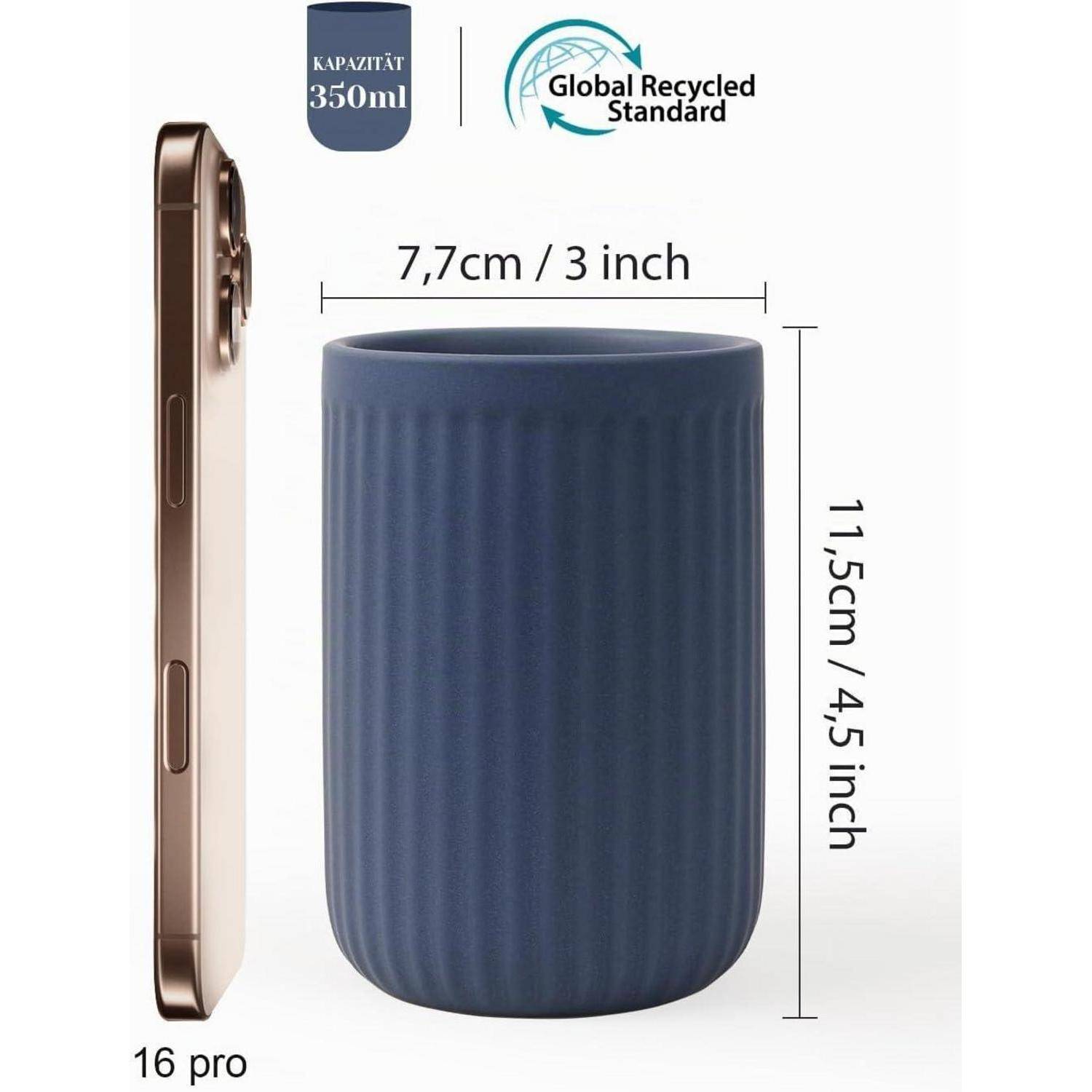 Produktgrößendiagramm für einen 350-ml-Becherbehälter: 7,7 cm breit, 11,5 cm hoch, neben einem iPhone 16 Pro zur Größenvergleichung dargestellt.