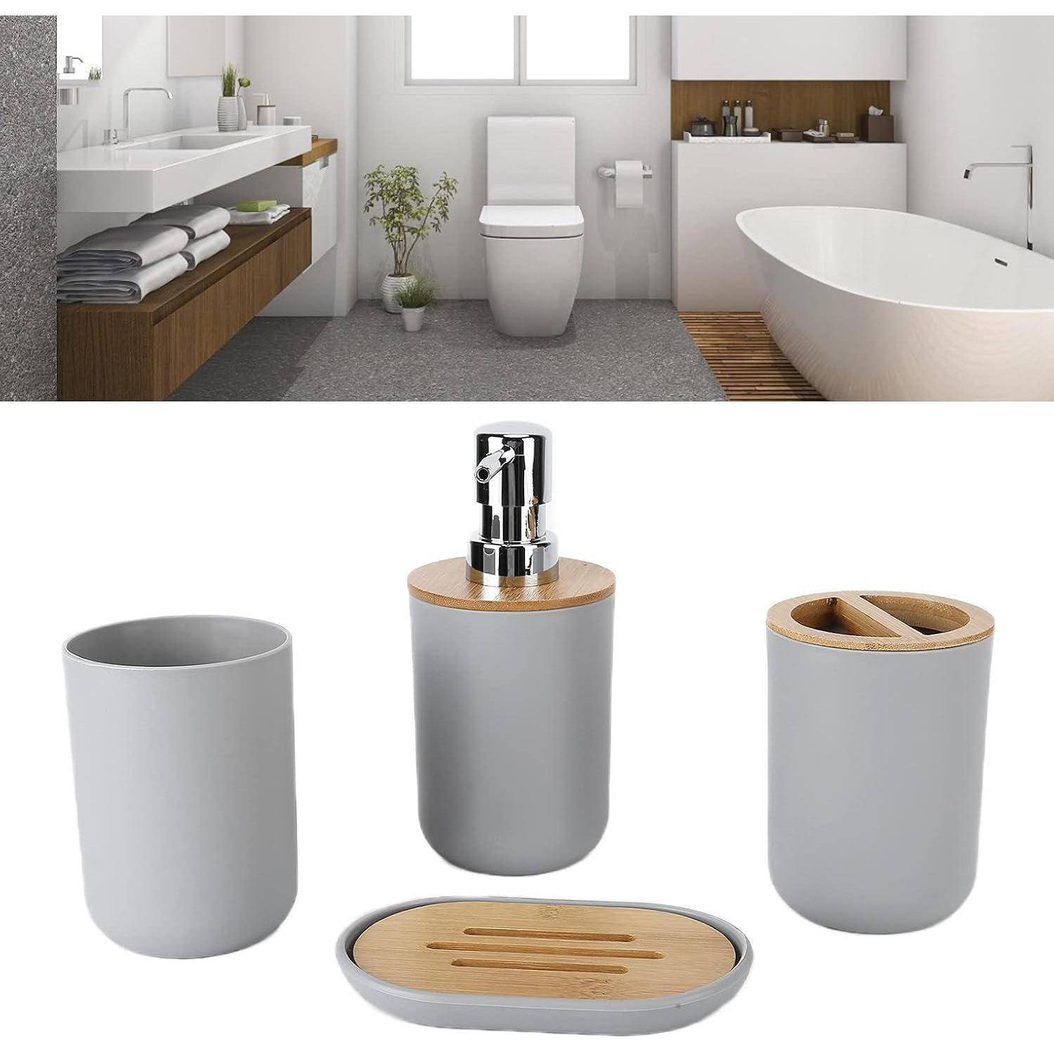 Badezimmerset mit grauen und Holz-Accessoires – Seifenspender, Becher, Zahnbürstenhalter und Seifenschale – abgebildet unter einem modernen Badezimmerinnenraum.
