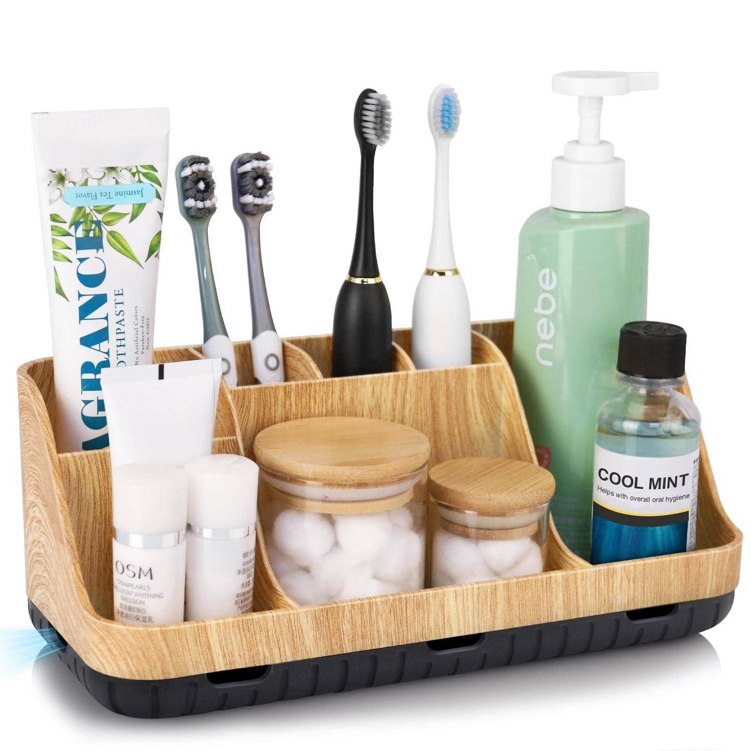 Bambus-Badezimmerregal zur Aufbewahrung von Zahnpasta, Zahnbürsten, Seife, Lotion, Wattestäbchen und Mundwasser in Fächern.