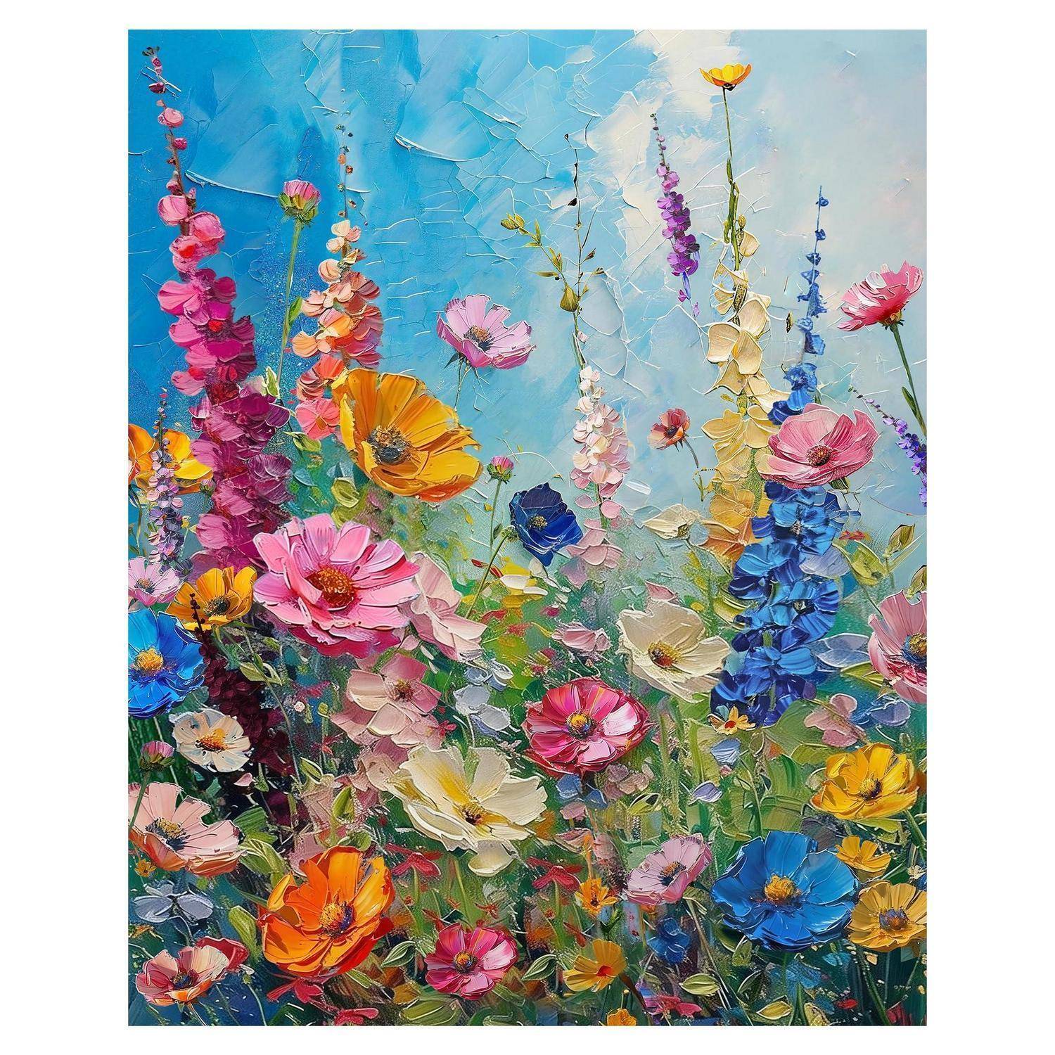 Buntes impressionistisches Gemälde einer Wildblumenwiese mit rosa, blauen, gelben und orangefarbenen Blumen vor einem strahlend blauen Himmel.