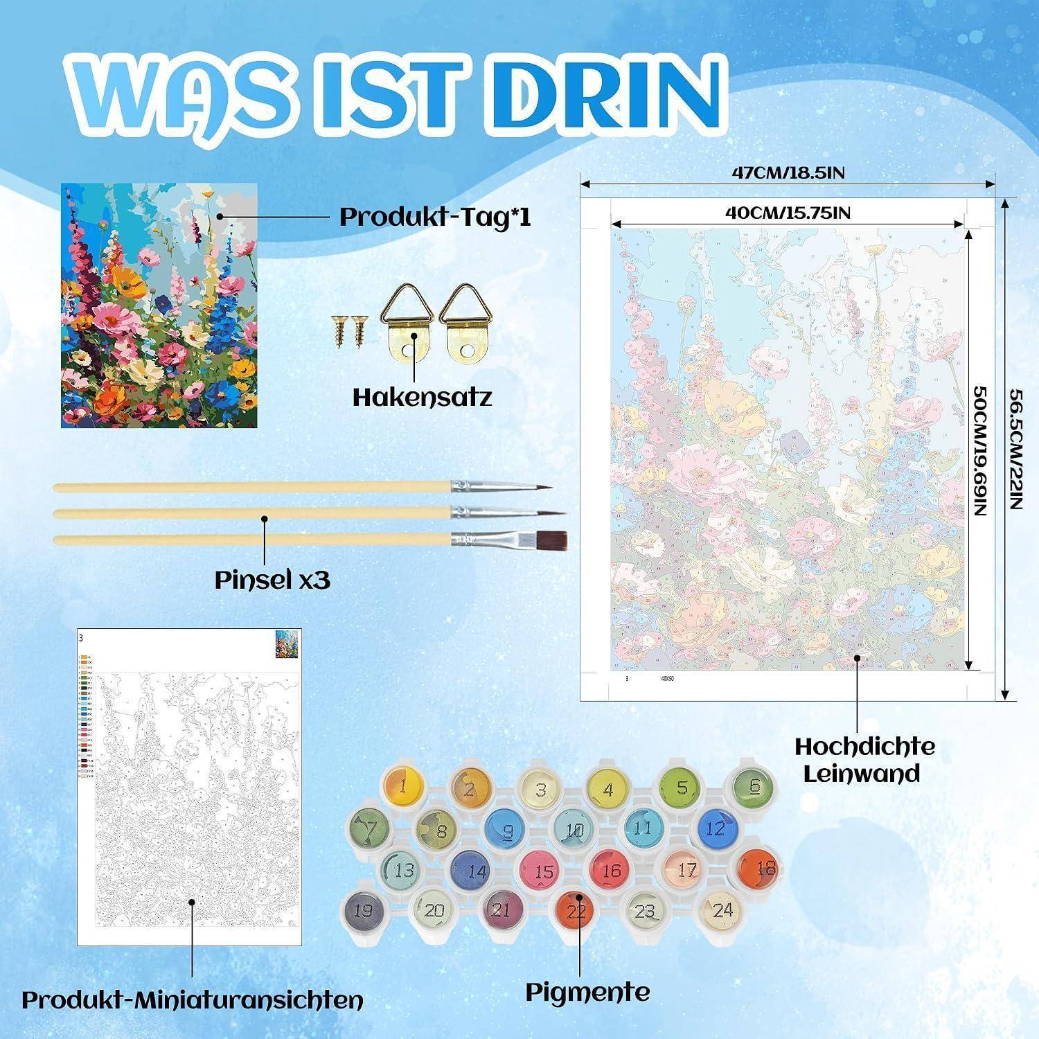 Produktinhalte-Abbildung für ein Malen-nach-Zahlen-Set mit Leinwand mit Blumenmotiv, Produktetikett, Haken-Set, drei Pinsel, Mini-Referenzbild und 24 Farbpigmente mit Leinwandmaßen.