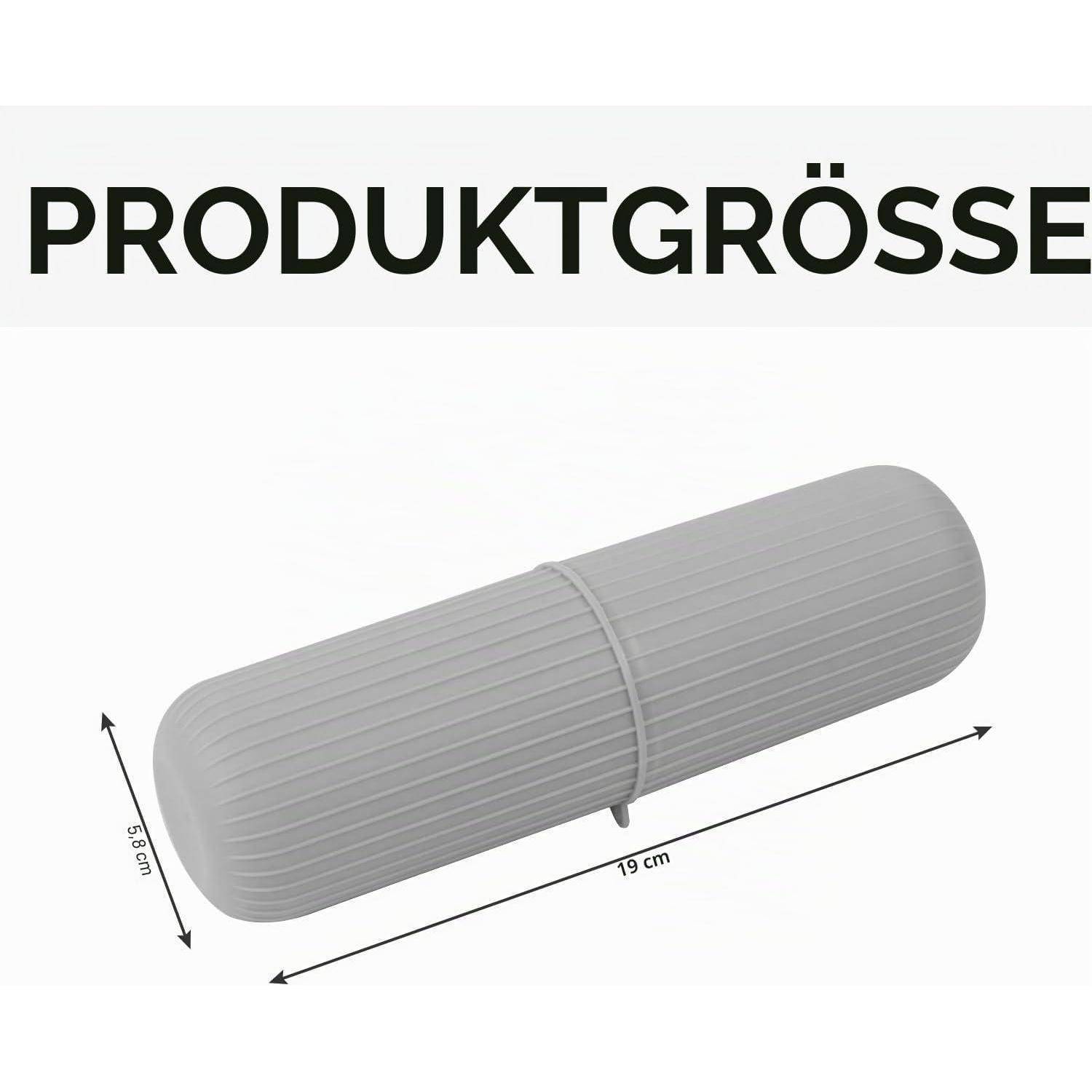 Graues geripptes zylindrisches Produkt mit den Abmessungen: 19 cm lang und 5,8 cm breit.
