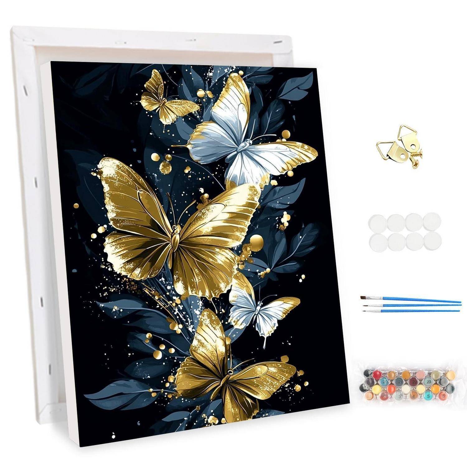 Schmetterlings-Malen-nach-Zahlen-Set mit schwarzer Leinwand, goldenen und weißen Schmetterlingen, Farbtöpfen, Pinseln und Aufhängehardware.