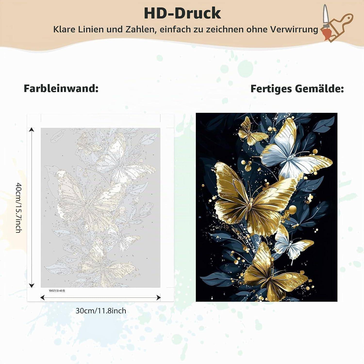 Werbegrafik mit HD-Druck: links eine dezente Strichzeichnung-Schmetterlings-Leinwand mit der Bezeichnung 30 cm x 40 cm, rechts das fertige Gemälde mit gold- und weißen Schmetterlingen auf dunklem Hintergrund.