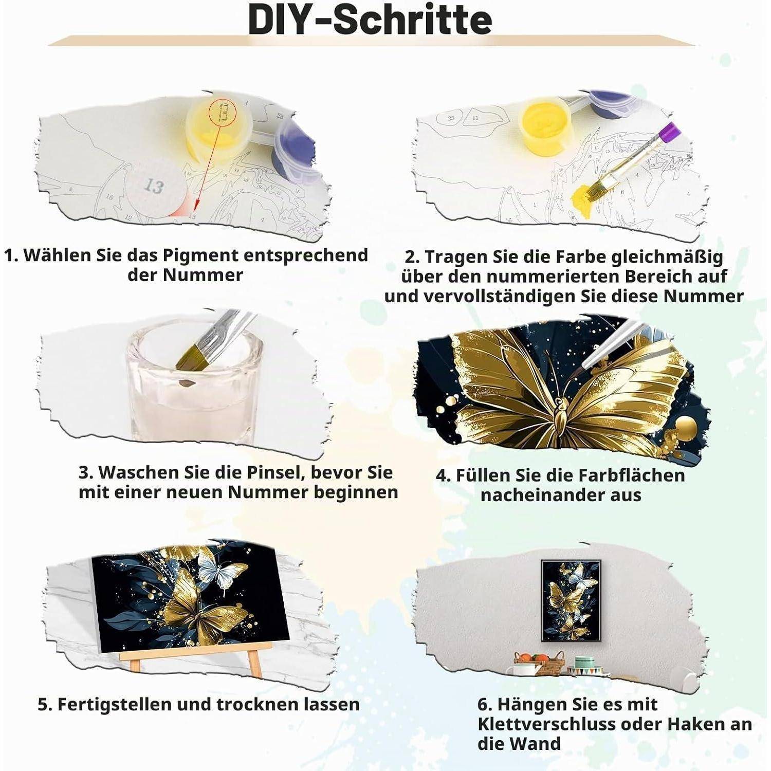 Deutsche DIY-Schritte für ein Malen-nach-Zahlen-Schmetterling-Kunstwerk: Wählen Sie Pigment nach Nummer, tragen Sie Farbe auf nummerierte Bereiche auf, spülen Sie die Pinsel, beenden Sie das Werk und lassen Sie es trocknen, hängen Sie dann das fertige Bild auf.