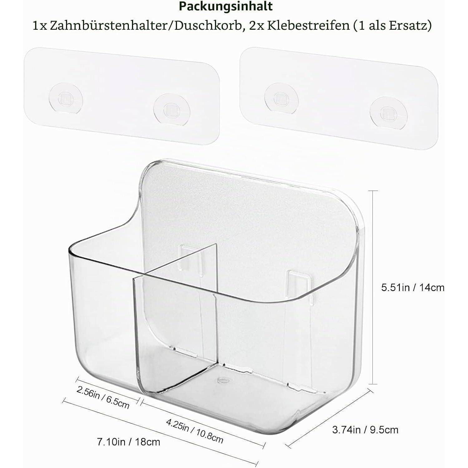 Diagramm des Produktpaketinhalts mit 1 Zahnbürstenhalter/Duschablage und 2 Klebstreifen, mit Abmessungen: 7,10 x 3,74 x 5,51 Zoll und gekennzeichneten Streifengrößen.