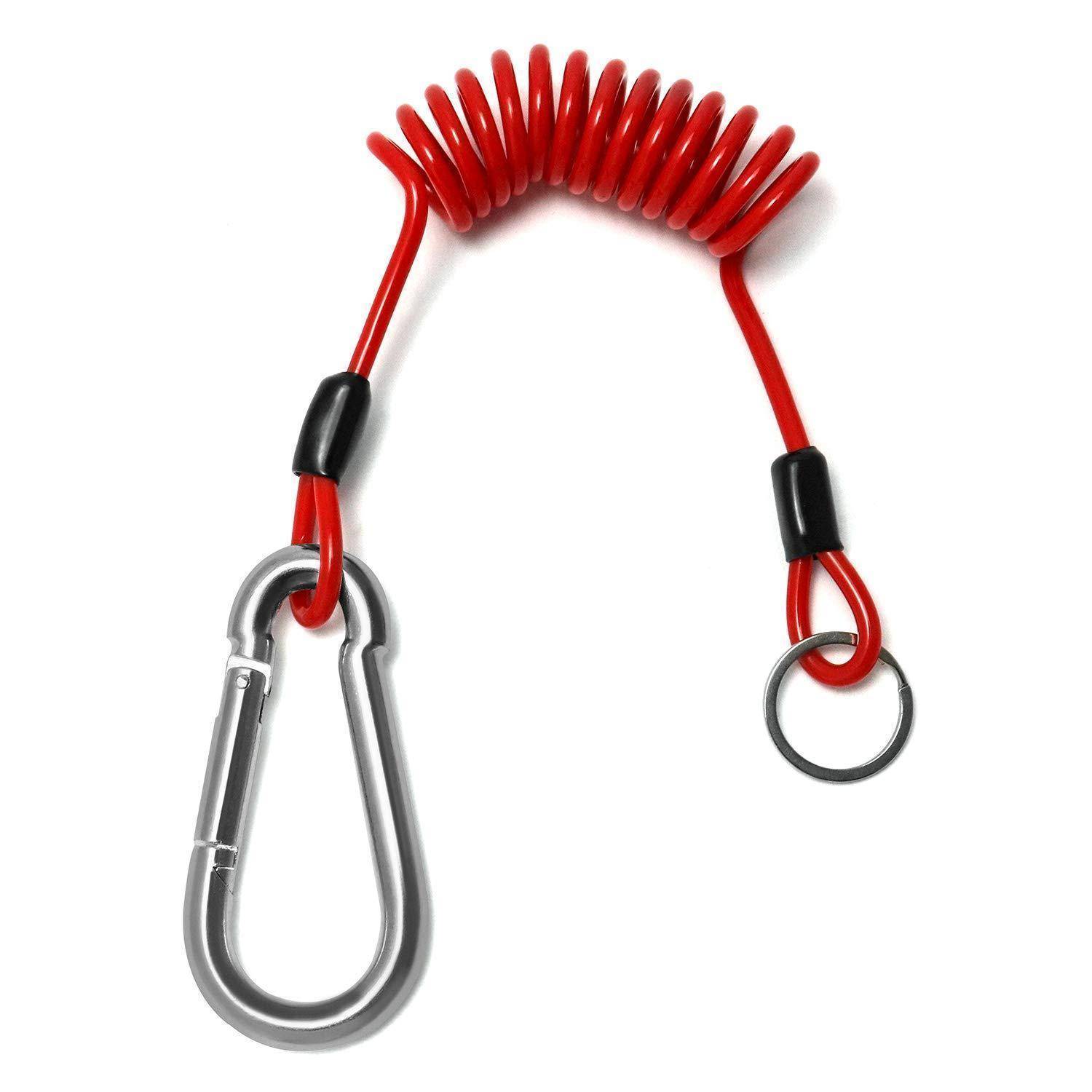 Rote aufgerollte Sicherheitsleine mit silbernem Karabinerhaken und Metallring, verwendet zum Sichern von Ausrüstung und zur Verhinderung von Abstürzen.