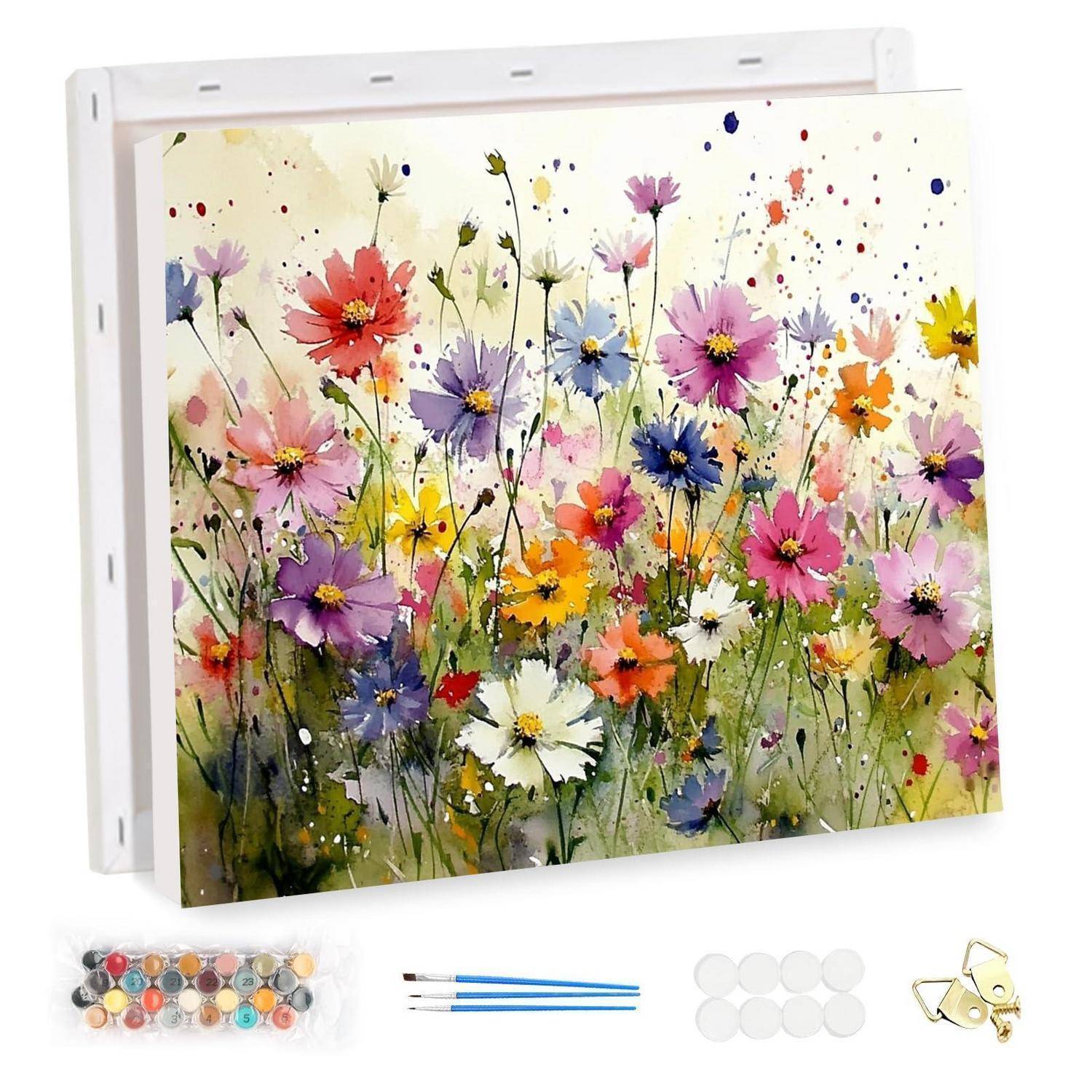 Malen nach Zahlen Blumenleinwand mit bunten Wildblumen und enthaltenen Farben, Pinseln, leeren Töpfen und Aufhängehardware.