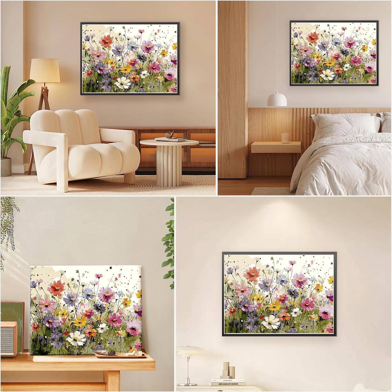 Ein Blumengemälde in schwarzem Rahmen, das in vier minimalistischen Wohninterieurs angezeigt wird, über einem Sofa, Bett, Tisch und Schreibtisch.