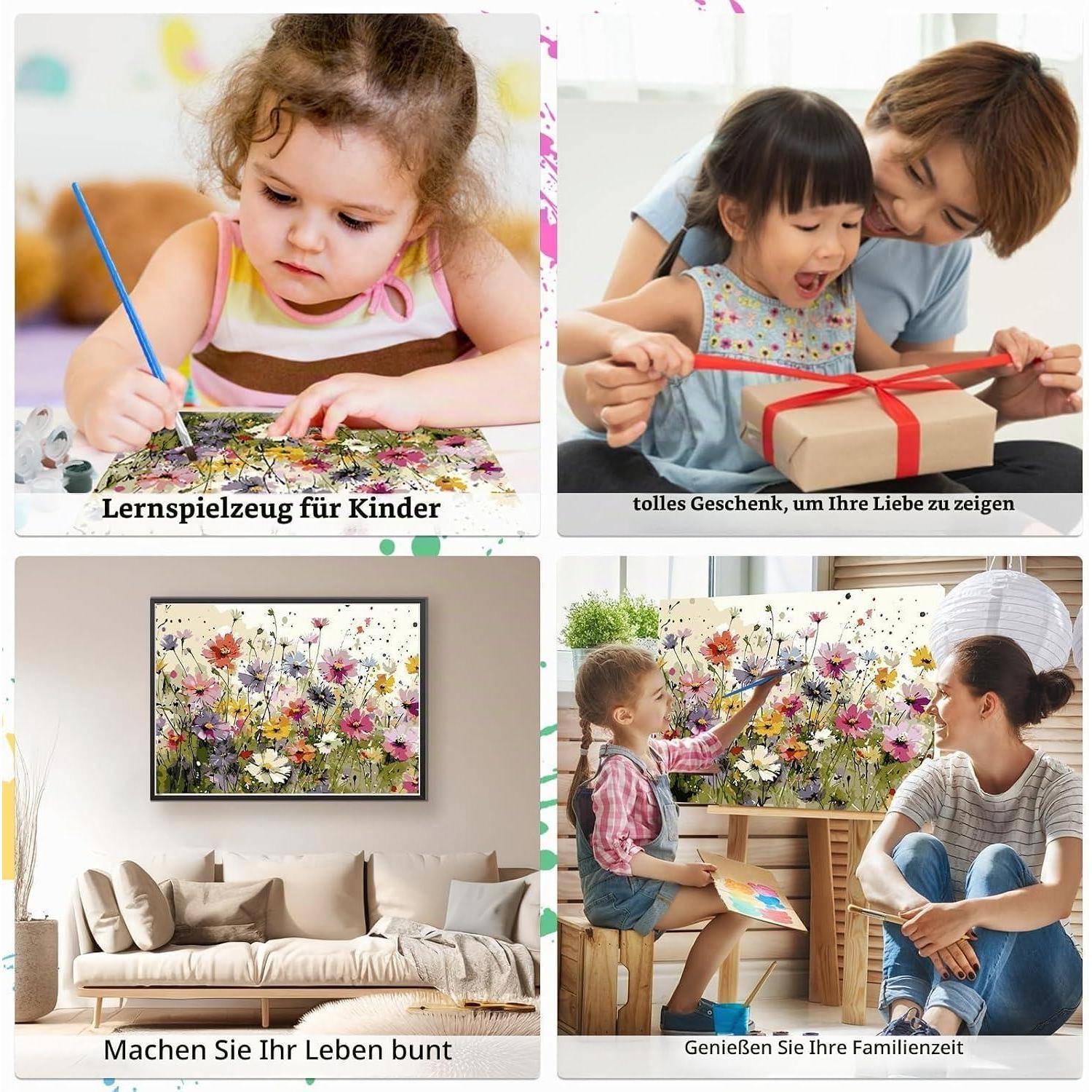 Vierteiliges Mosaik mit einem Malbuch-Set für Kinder, einem Kind, das ein Geschenk mit einem Erwachsenen auspackt, einem Blumengemälde in einem Wohnzimmer und einer Mutter und einem Kind, die zusammen malen.